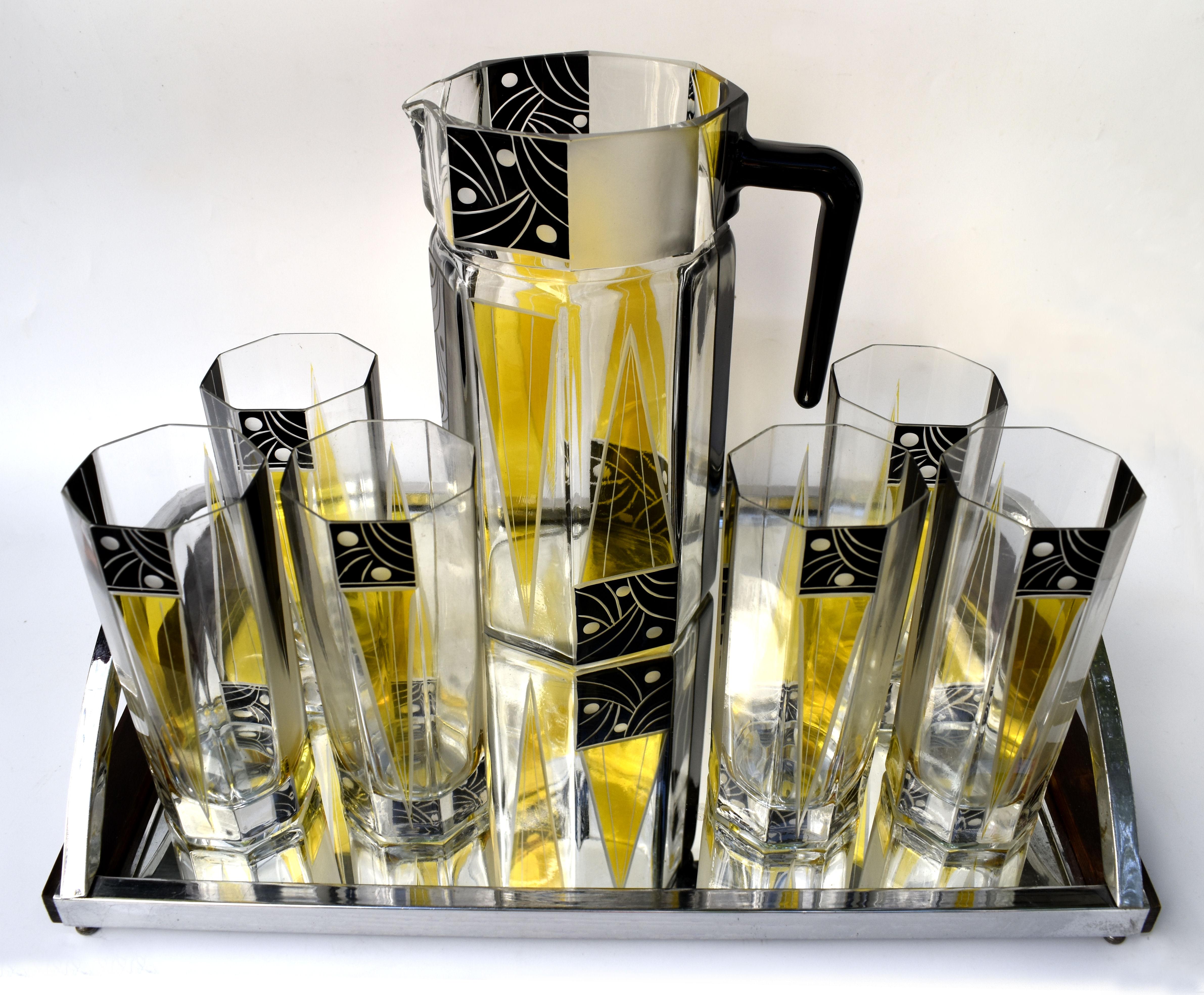 Enameled Art Deco Czech Glass Drinks Lemonade Set, c1930 For Sale