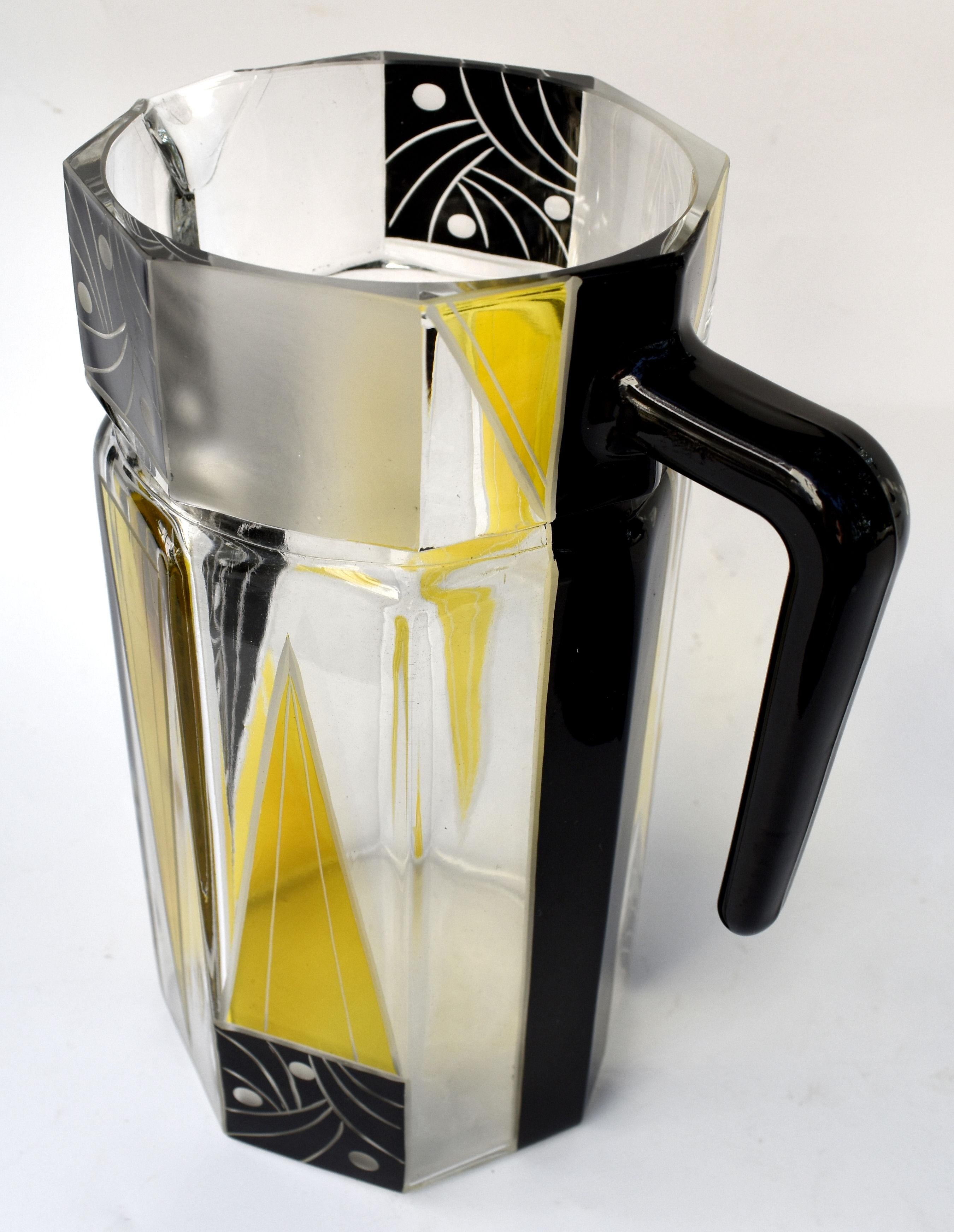 Art Deco Tschechisches Glas Getränke Limonade Set, um 1930 (Emailliert) im Angebot