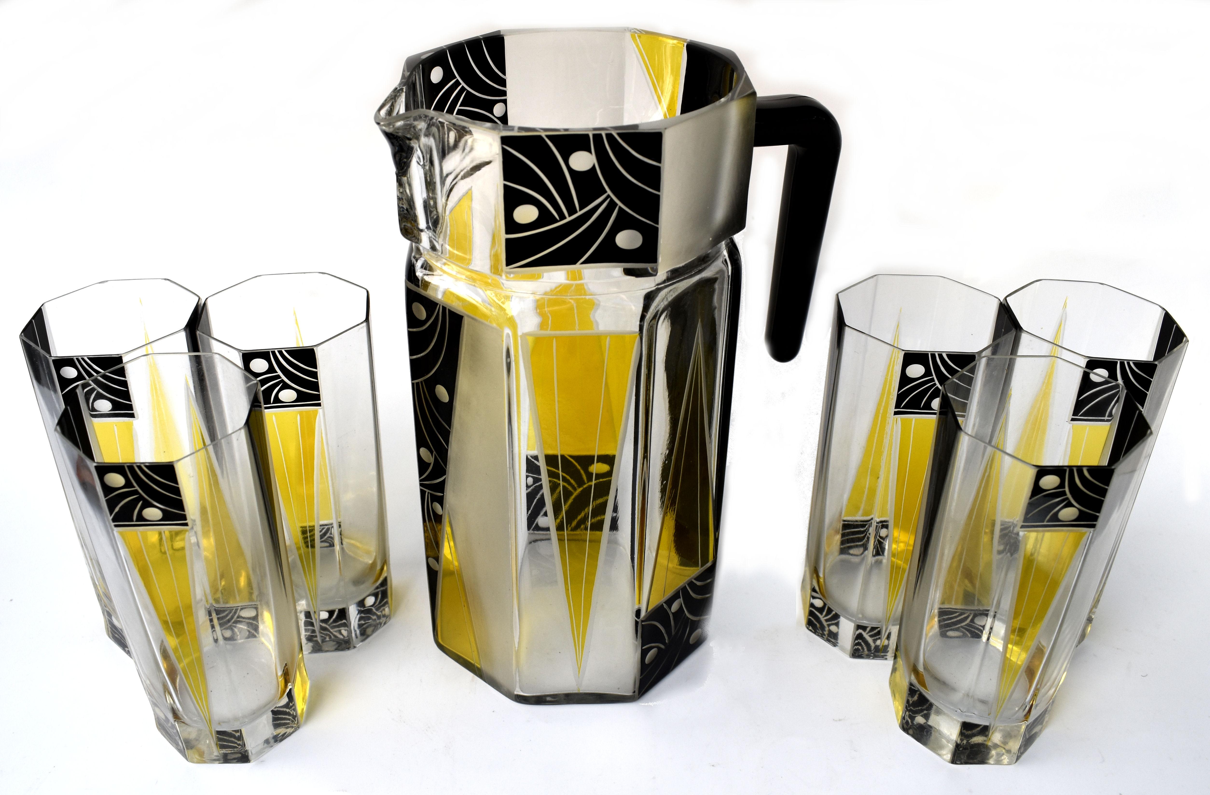 Art Deco Tschechisches Glas Getränke Limonade Set, um 1930 (Geschliffenes Glas) im Angebot