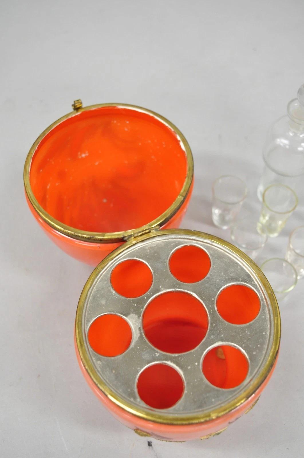 Art Déco Verre Tchèque Oeuf Orange Coralene Liquor Tantalus Cordial Set à charnière en vente 5