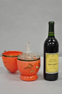 Art Deco Czech Glass Egg Orange Coralene Hinged Liquor Tantalus Cordial Set