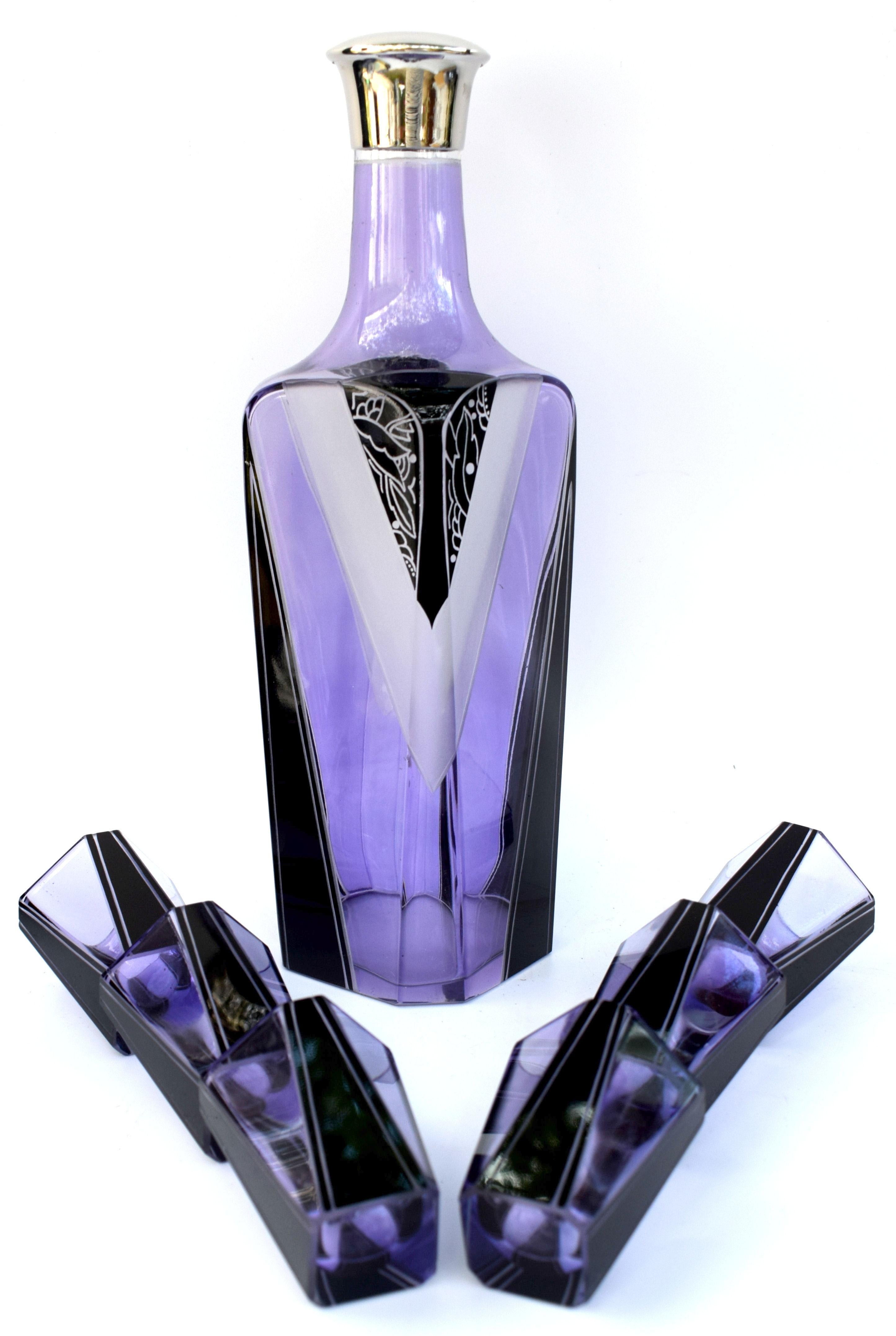 20th Century Art Deco Czech Glass Enamel Decanter Set