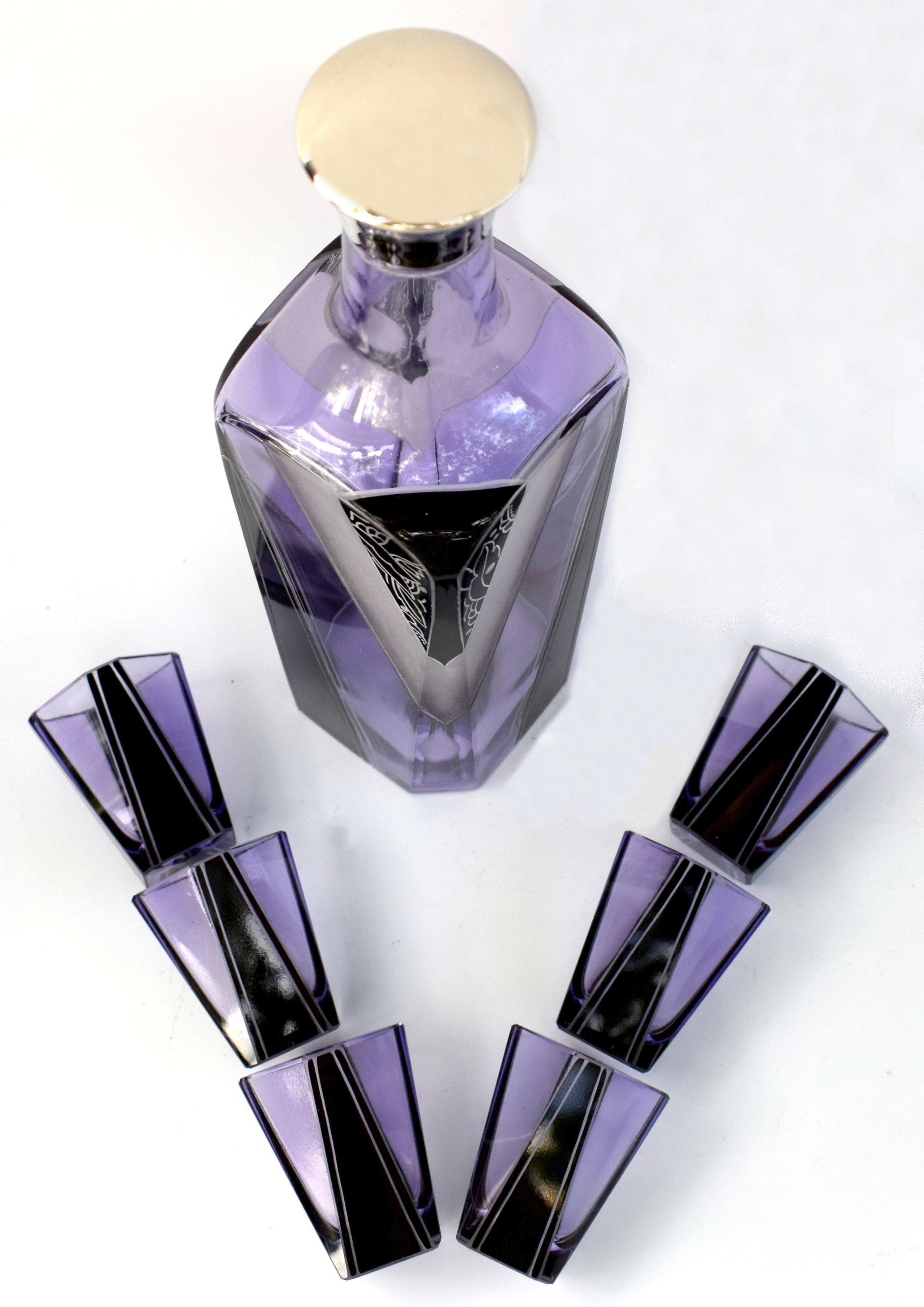 Art Deco Czech Glass Enamel Decanter Set 2