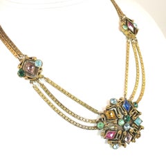 Art Deco Czech Jewel-Tone Crystal & Chain Necklace, 1920s