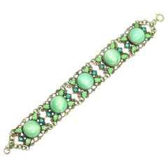 Art Deco Czech Link Bracelet, Green Cats-Eye Chalcedony Glass, 1920s