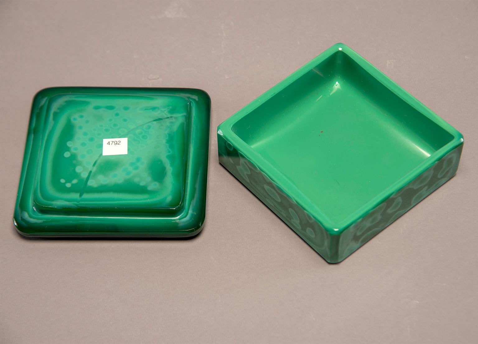 Art Deco Czech Malachite Glass Lidded Box In Excellent Condition In Troy, MI
