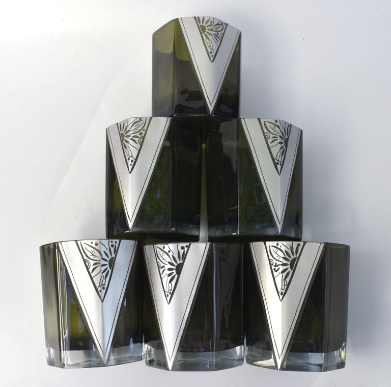 Art Deco Czech Olive Glass & Enamel Decanter Set, c1930 For Sale 6