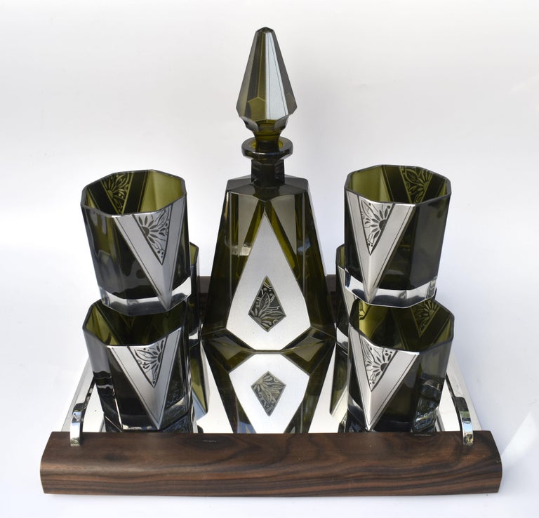 Art Deco Czech Olive Glass & Enamel Decanter Set, c1930 For Sale 8