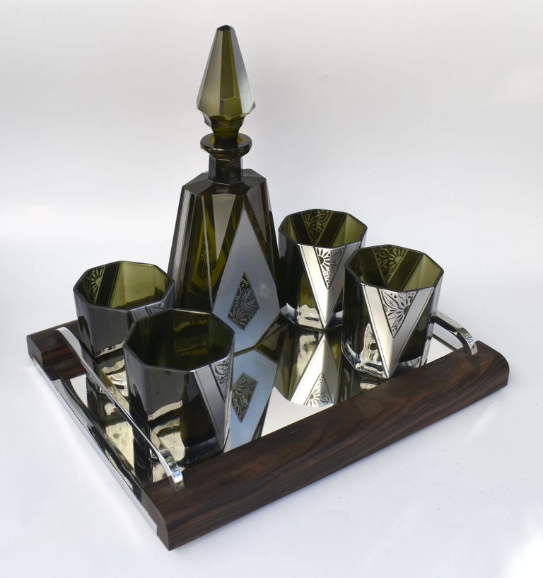 Art Deco Czech Olive Glass & Enamel Decanter Set, c1930 For Sale 9