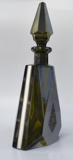 Art Deco Czech Olive Glass & Enamel Decanter Set, c1930