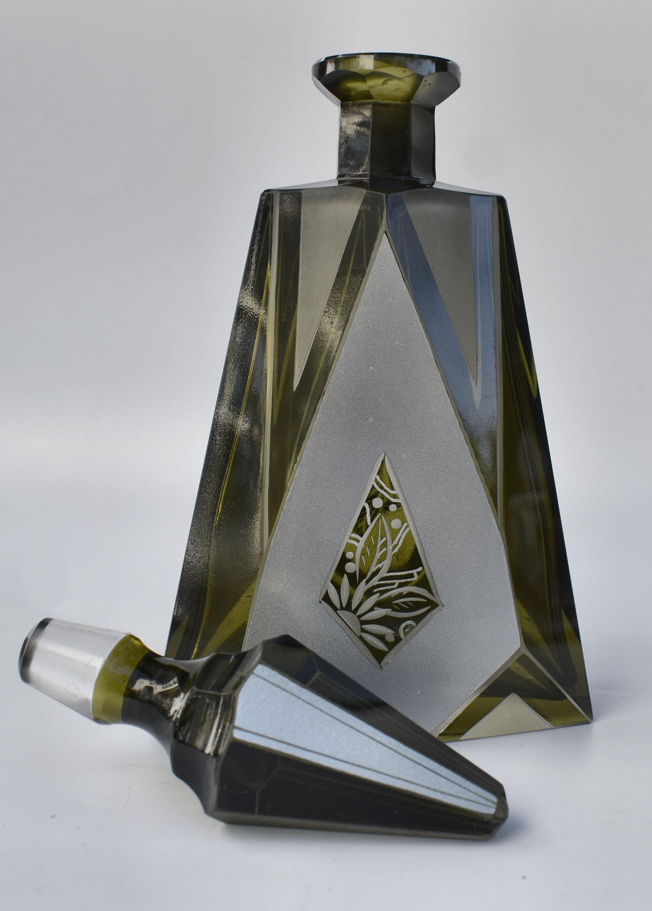 Art Deco Czech Olive Glass & Enamel Decanter Set, c1930 In Excellent Condition For Sale In Devon, England