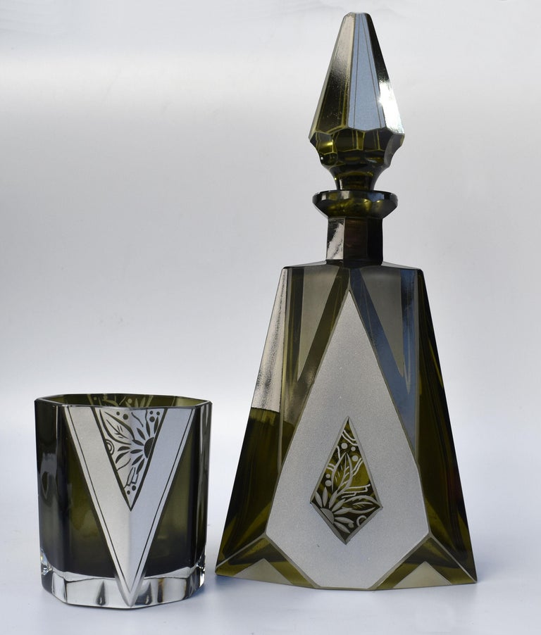20th Century Art Deco Czech Olive Glass & Enamel Decanter Set, c1930 For Sale