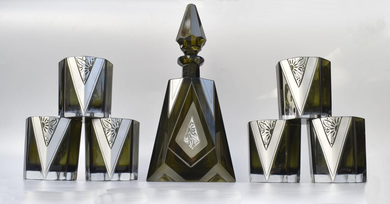 Art Deco Czech Olive Glass & Enamel Decanter Set, c1930 For Sale 2
