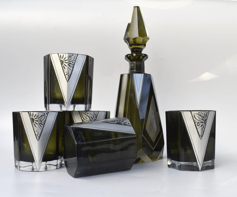Art Deco Czech Olive Glass & Enamel Decanter Set, c1930 For Sale 4