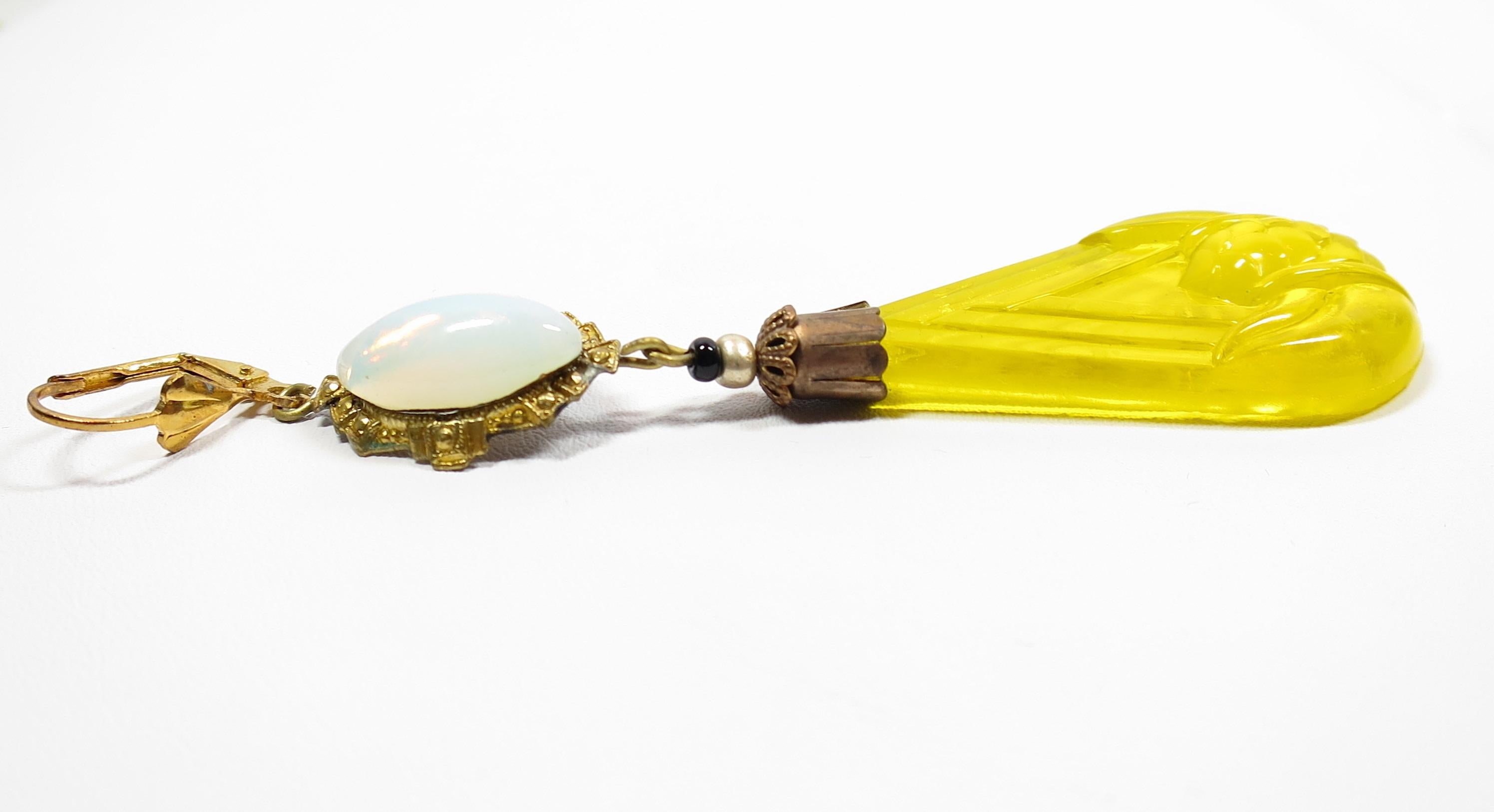 Art Deco Czech Opal & Citrine Carved Glass Dangle Earrings 1920s For Sale 7