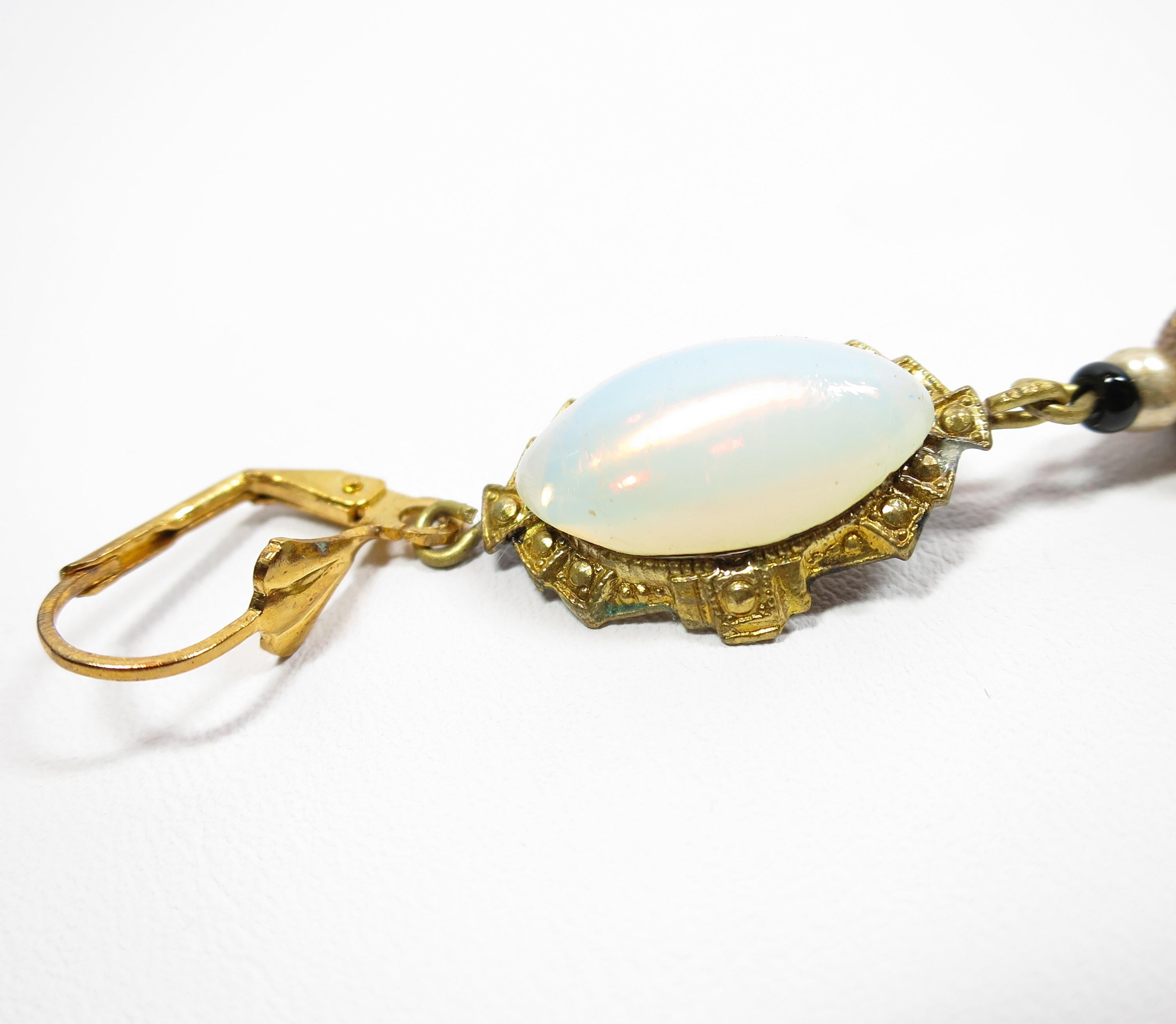 Art Deco Czech Opal & Citrine Carved Glass Dangle Earrings 1920s For Sale 11