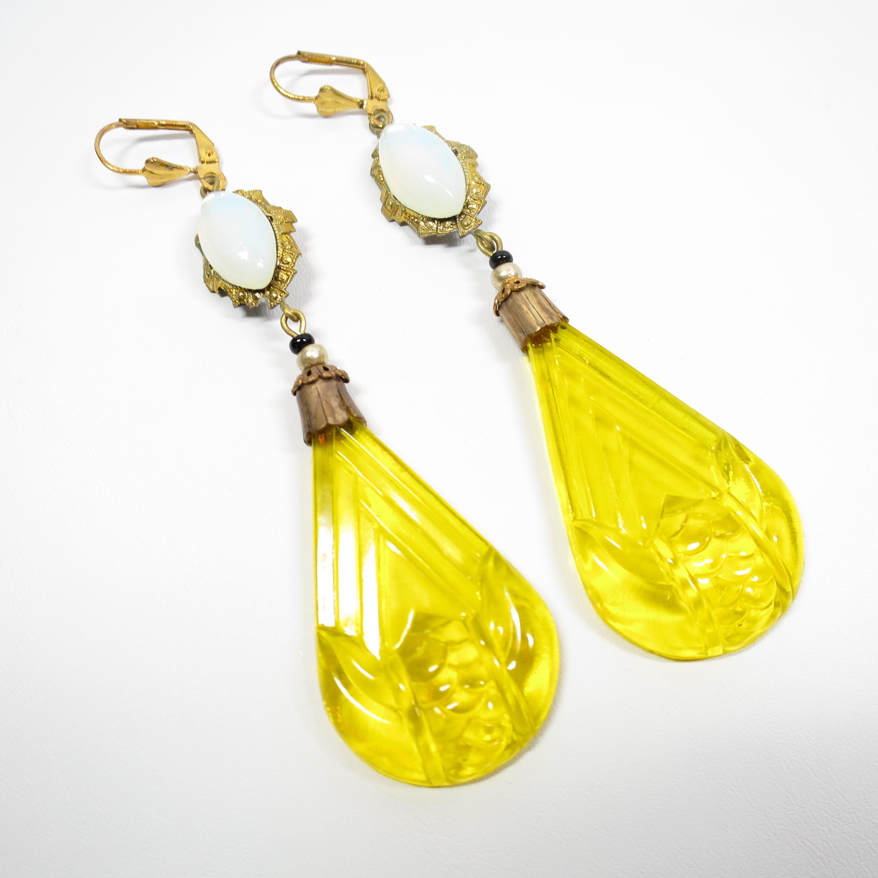 Art Deco Czech Opal & Citrine Carved Glass Dangle Earrings 1920s In Good Condition For Sale In Burbank, CA