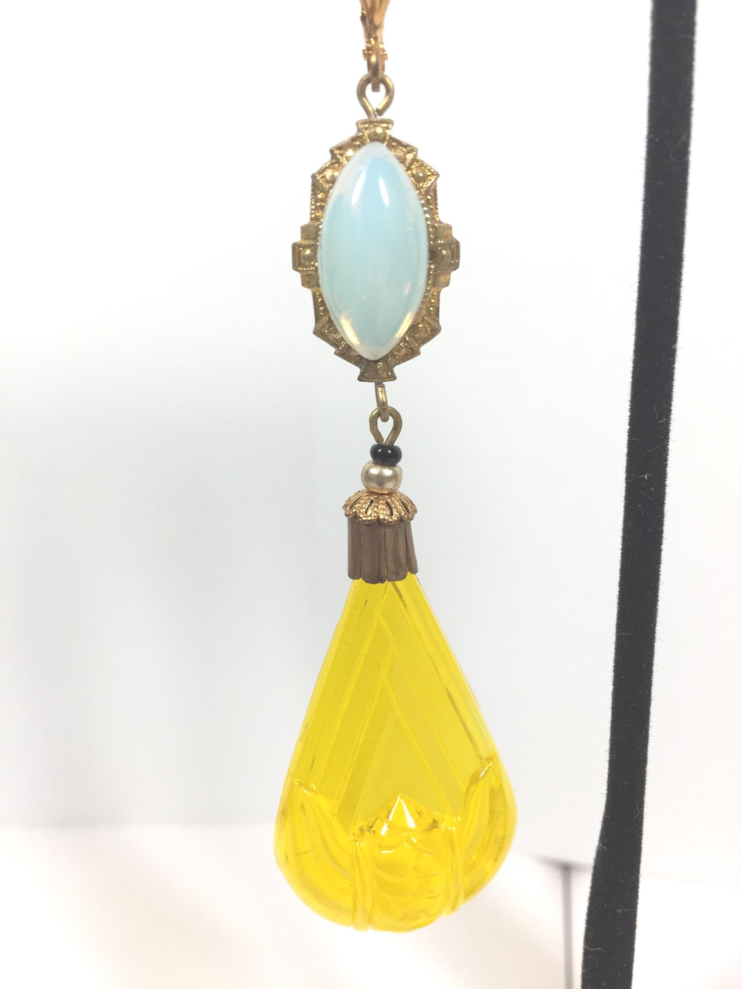 Art Deco Czech Opal & Citrine Carved Glass Dangle Earrings 1920s For Sale 1