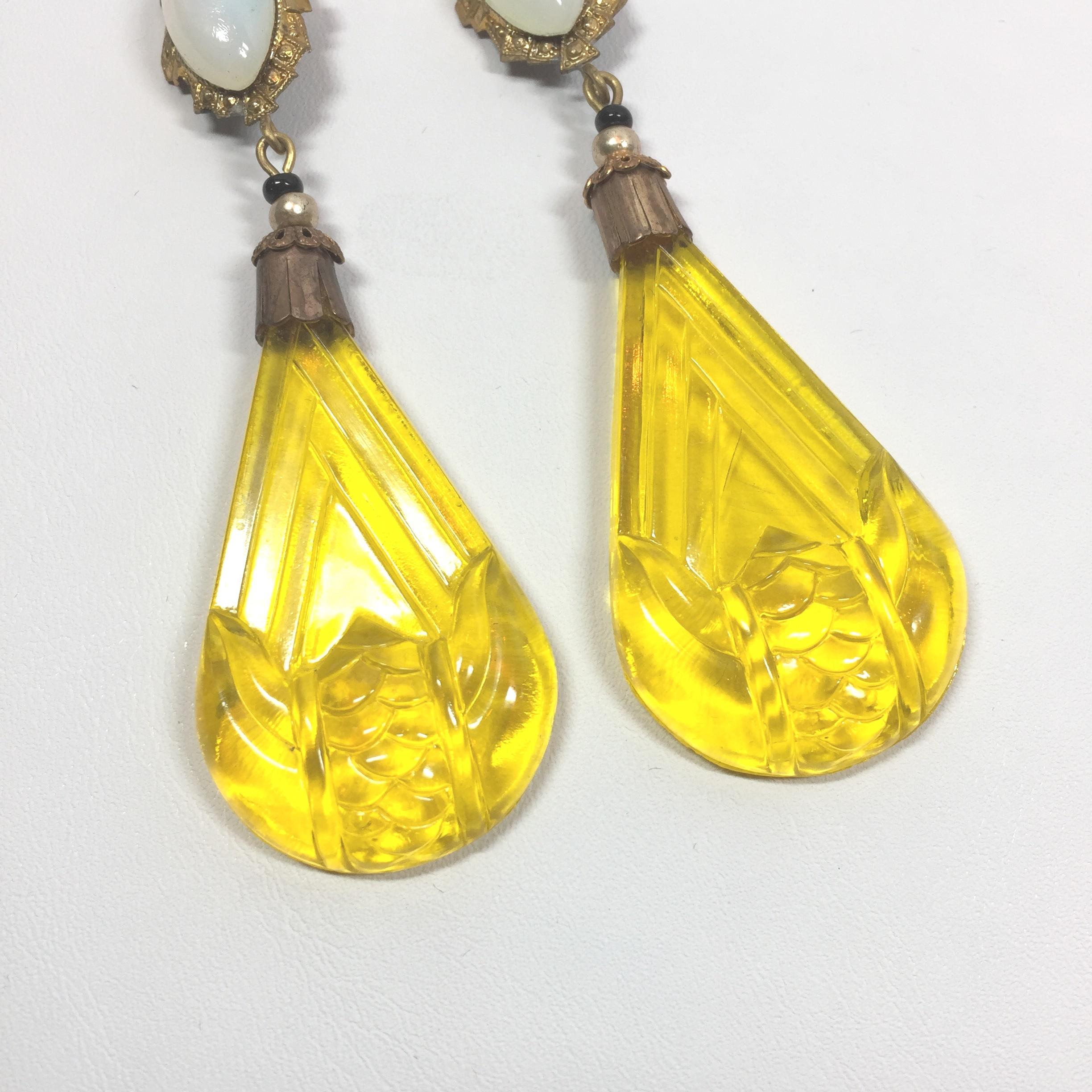 Art Deco Czech Opal & Citrine Carved Glass Dangle Earrings 1920s For Sale 3