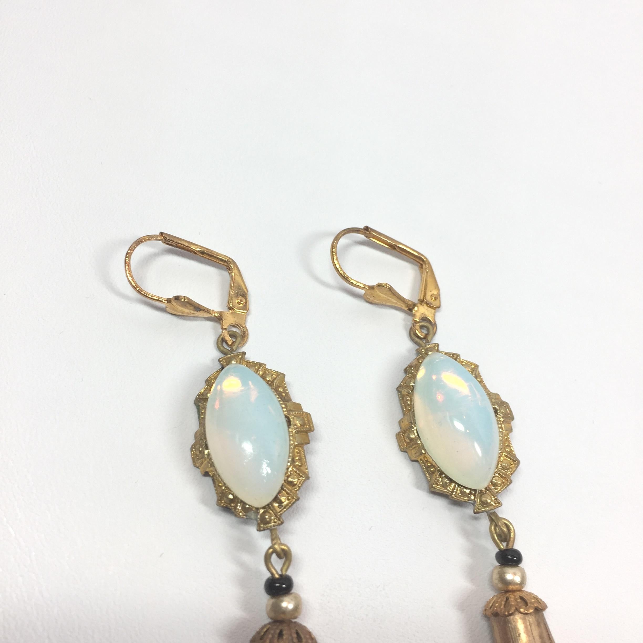Art Deco Czech Opal & Citrine Carved Glass Dangle Earrings 1920s For Sale 4