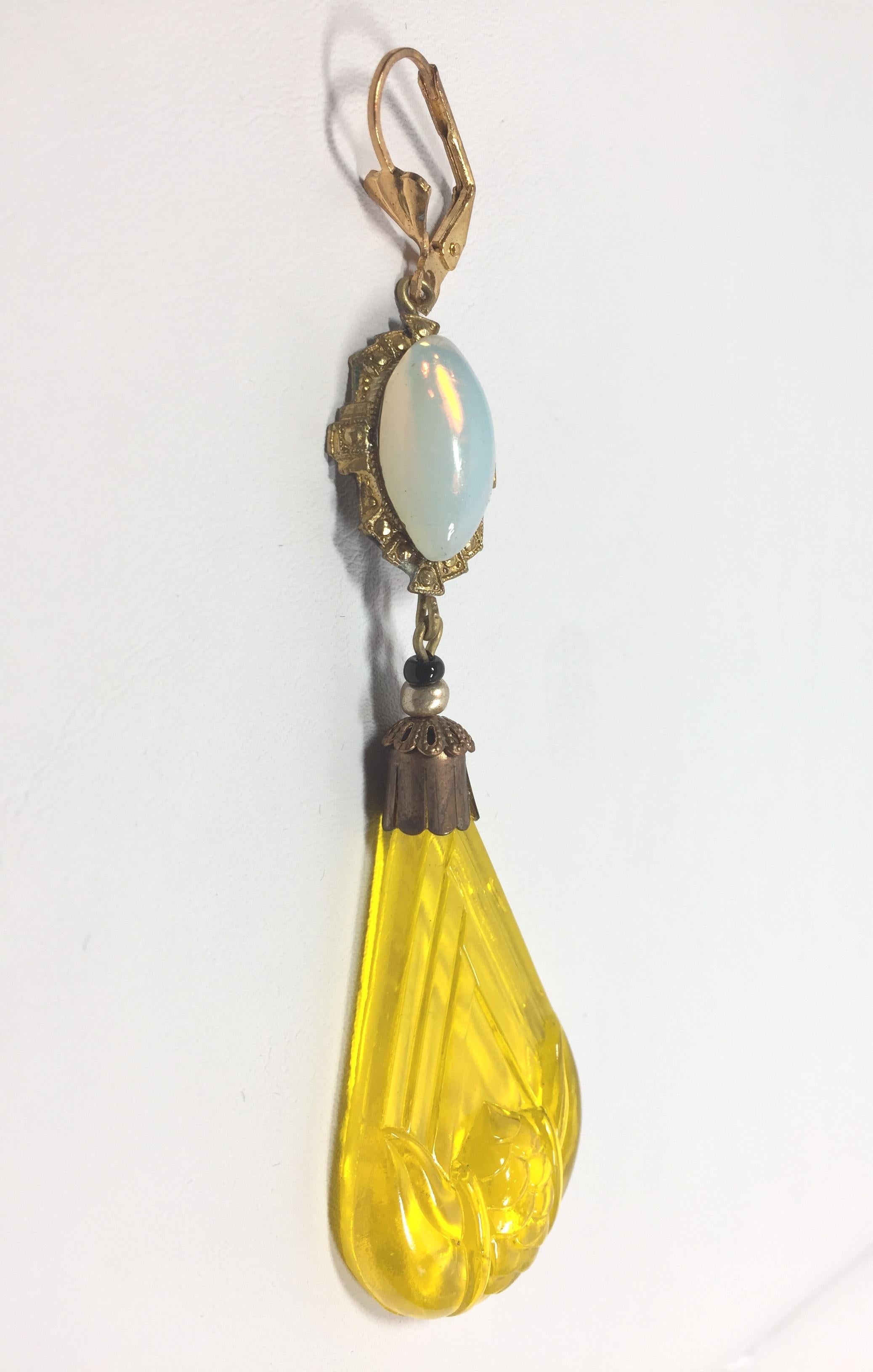 Art Deco Czech Opal & Citrine Carved Glass Dangle Earrings 1920s For Sale 5