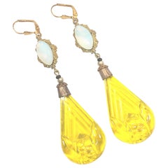 Antique Art Deco Czech Opal & Citrine Carved Glass Dangle Earrings 1920s