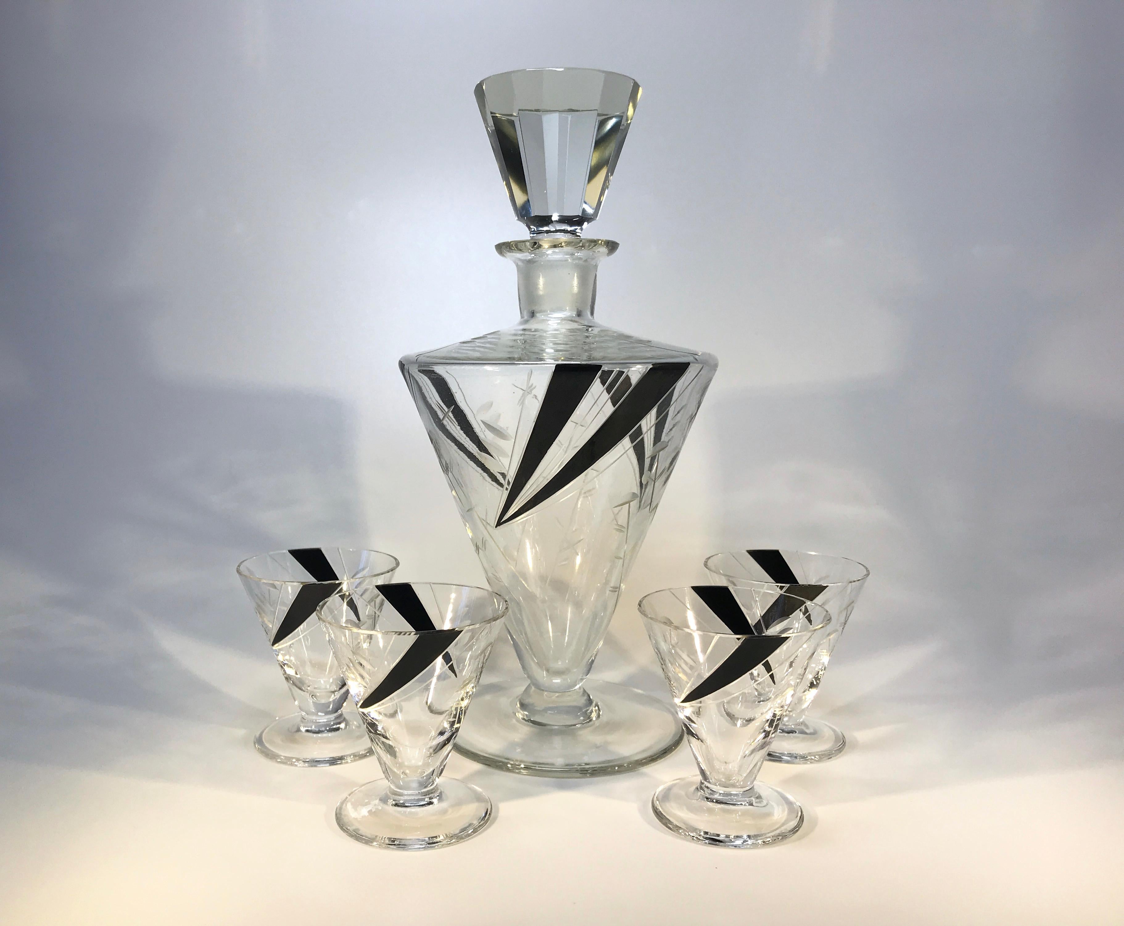 Polished Art Deco Czech Original, Black Enamel Cordial Liqueur Crystal Decanter Set