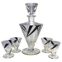 Antique Art Deco Czech Original, Black Enamel Cordial Liqueur Crystal Decanter Set