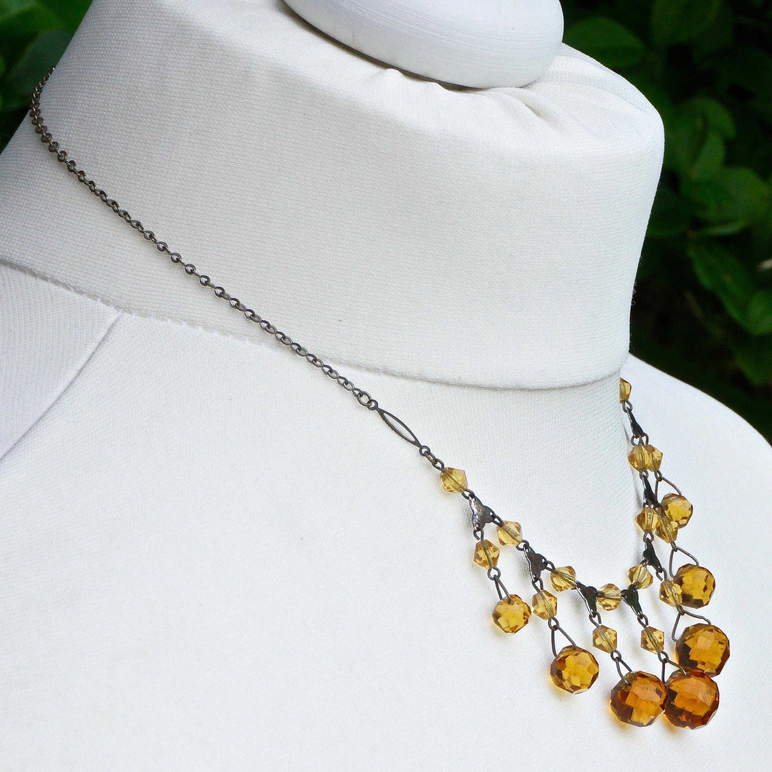 Women's or Men's Art Deco Czech Silver Plated and Amber Glass Drop Necklace For Sale