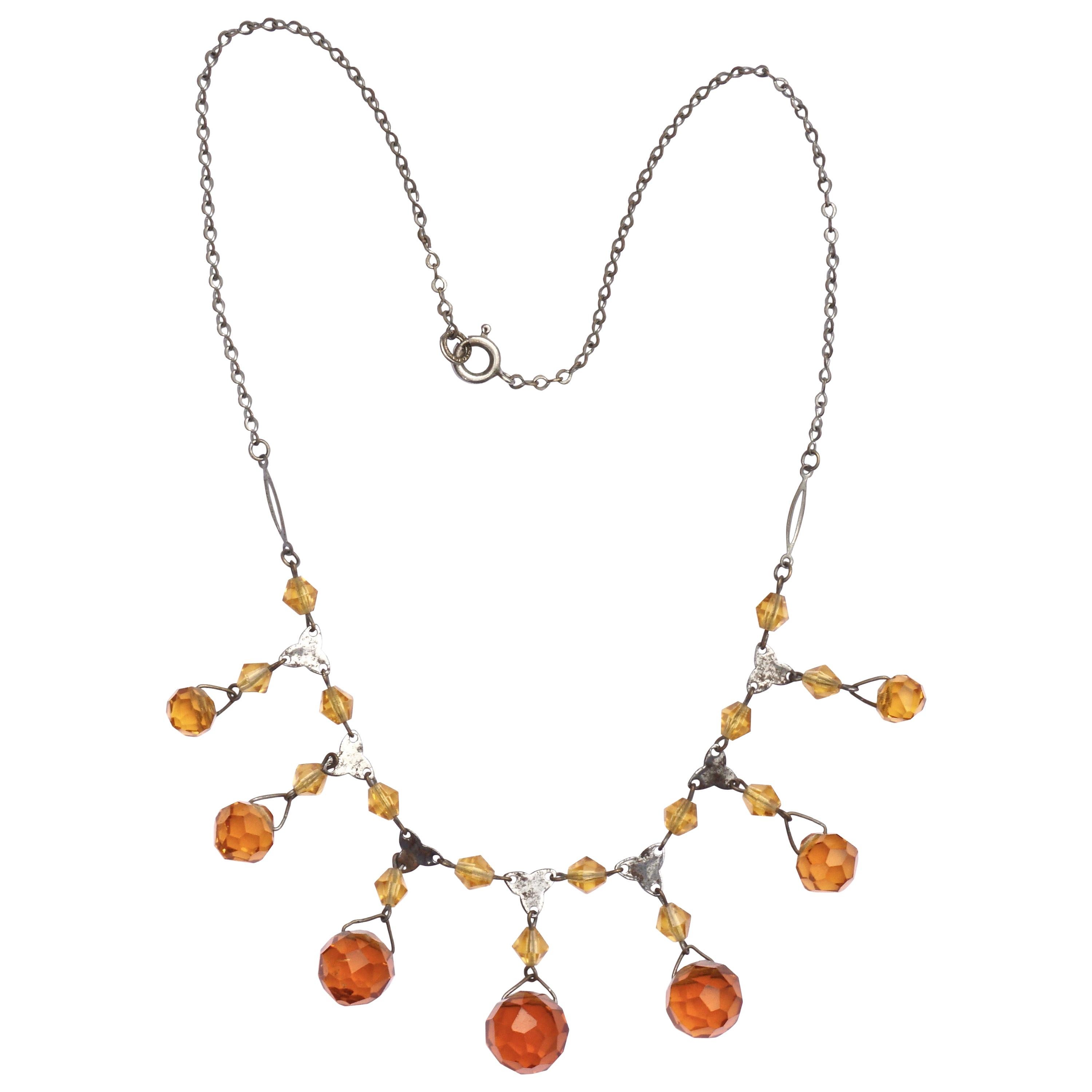Art Deco Czech Silver Plated and Amber Glass Drop Necklace For Sale