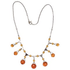 Vintage Art Deco Czech Silver Plated and Amber Glass Drop Necklace
