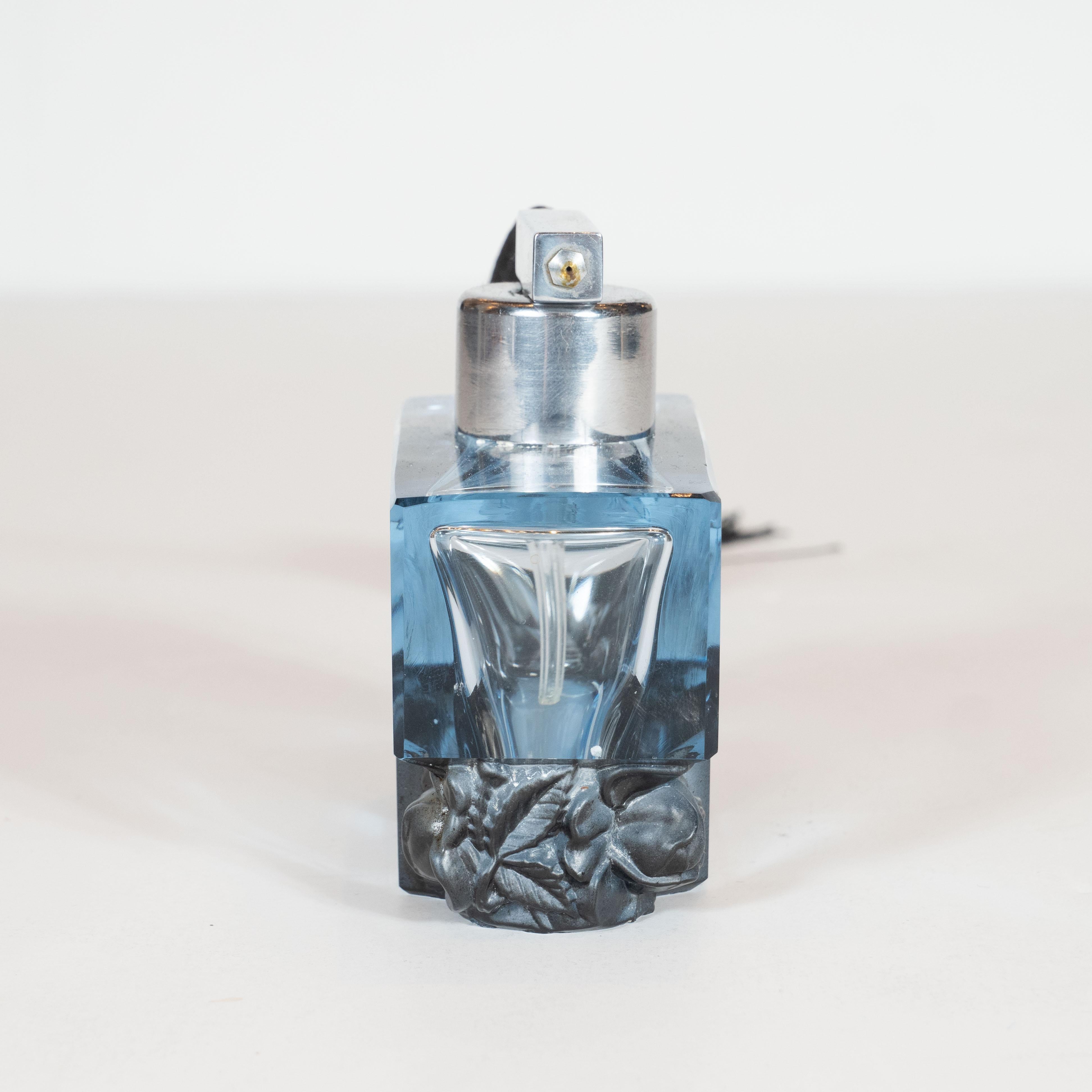 Art Deco Czech Smoked Sapphire Perfume Atomizer with Floral Motifs 5