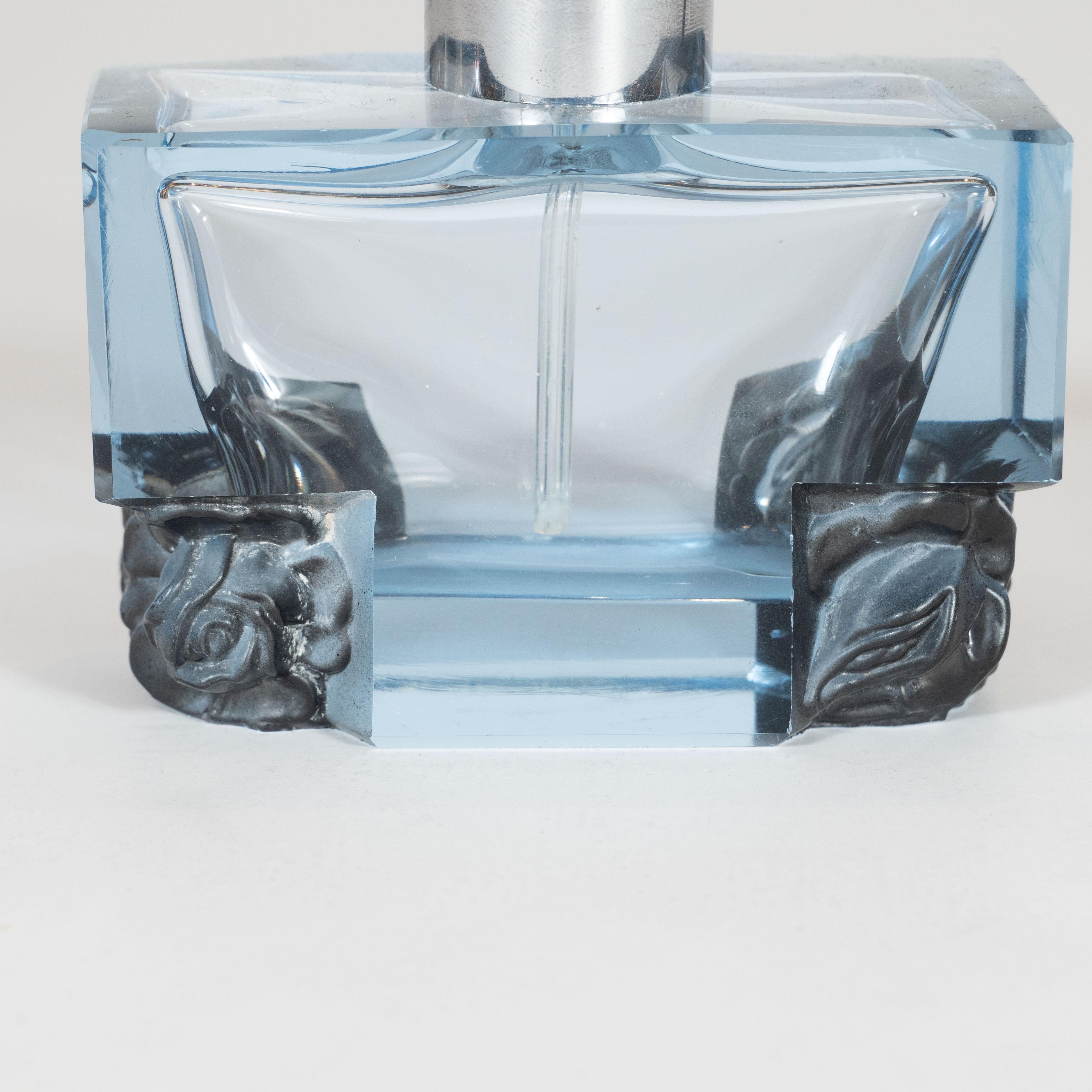 Glass Art Deco Czech Smoked Sapphire Perfume Atomizer with Floral Motifs