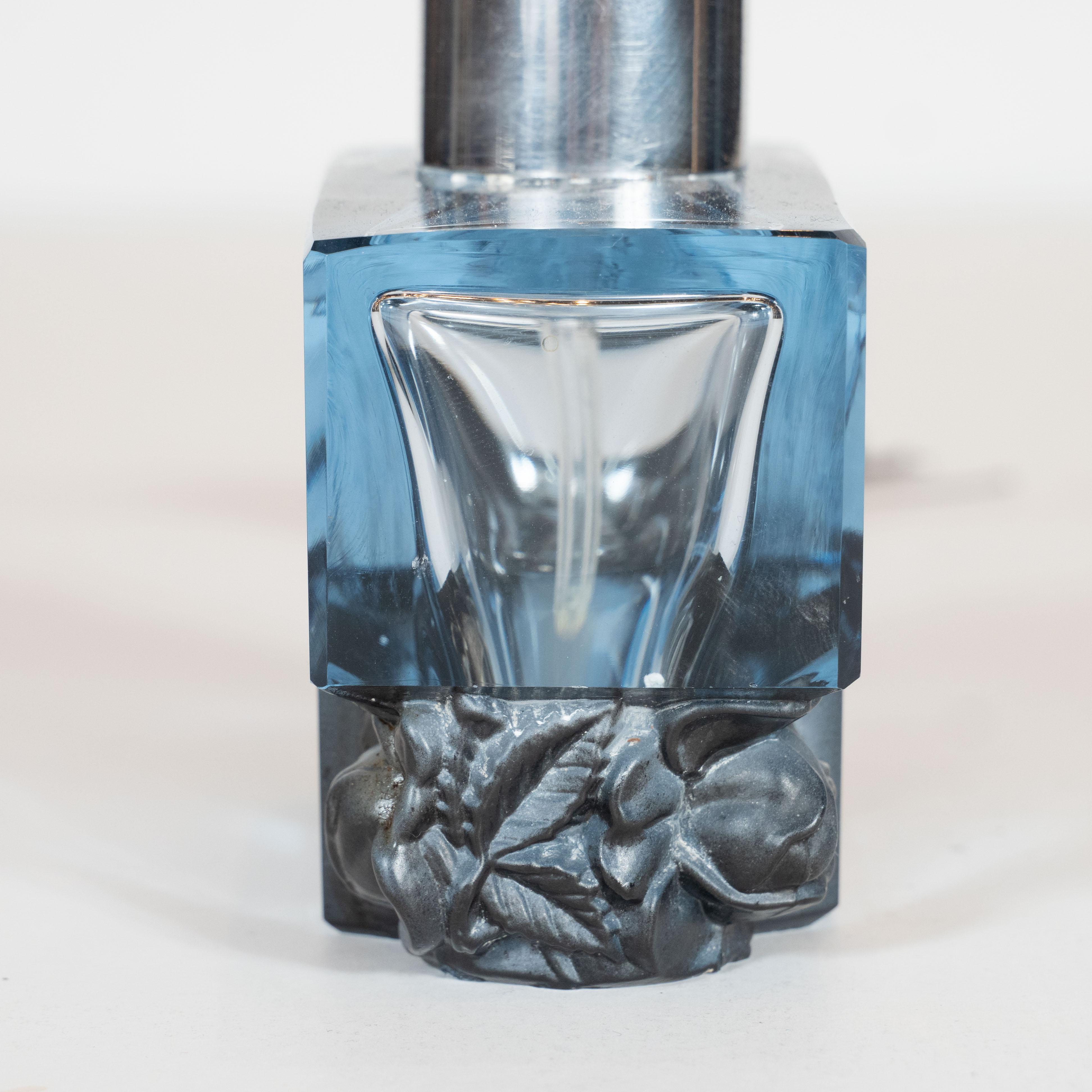 Art Deco Czech Smoked Sapphire Perfume Atomizer with Floral Motifs 4