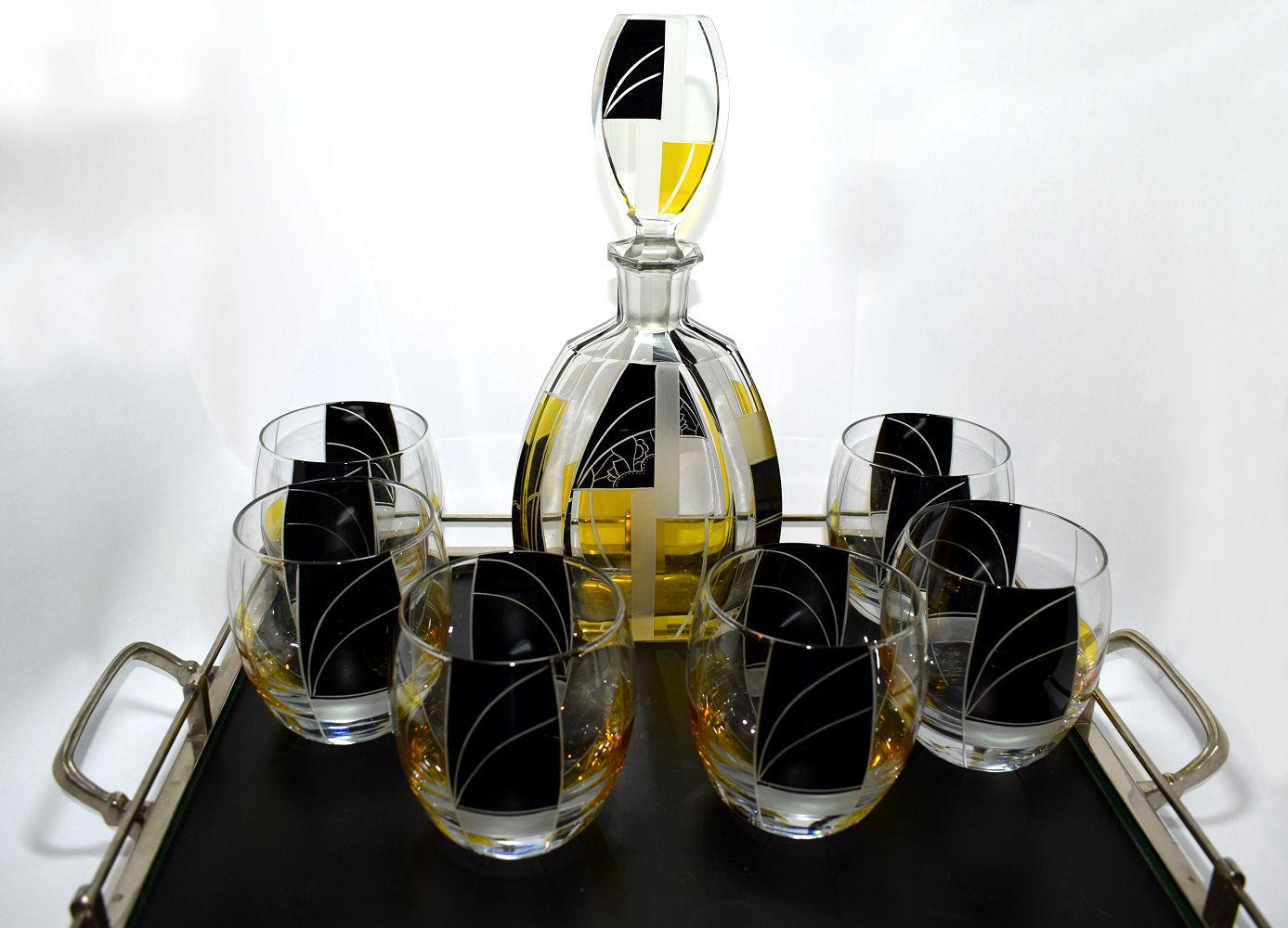 Enameled Art Deco Czech Whisky Decanter Set by Karl Palda