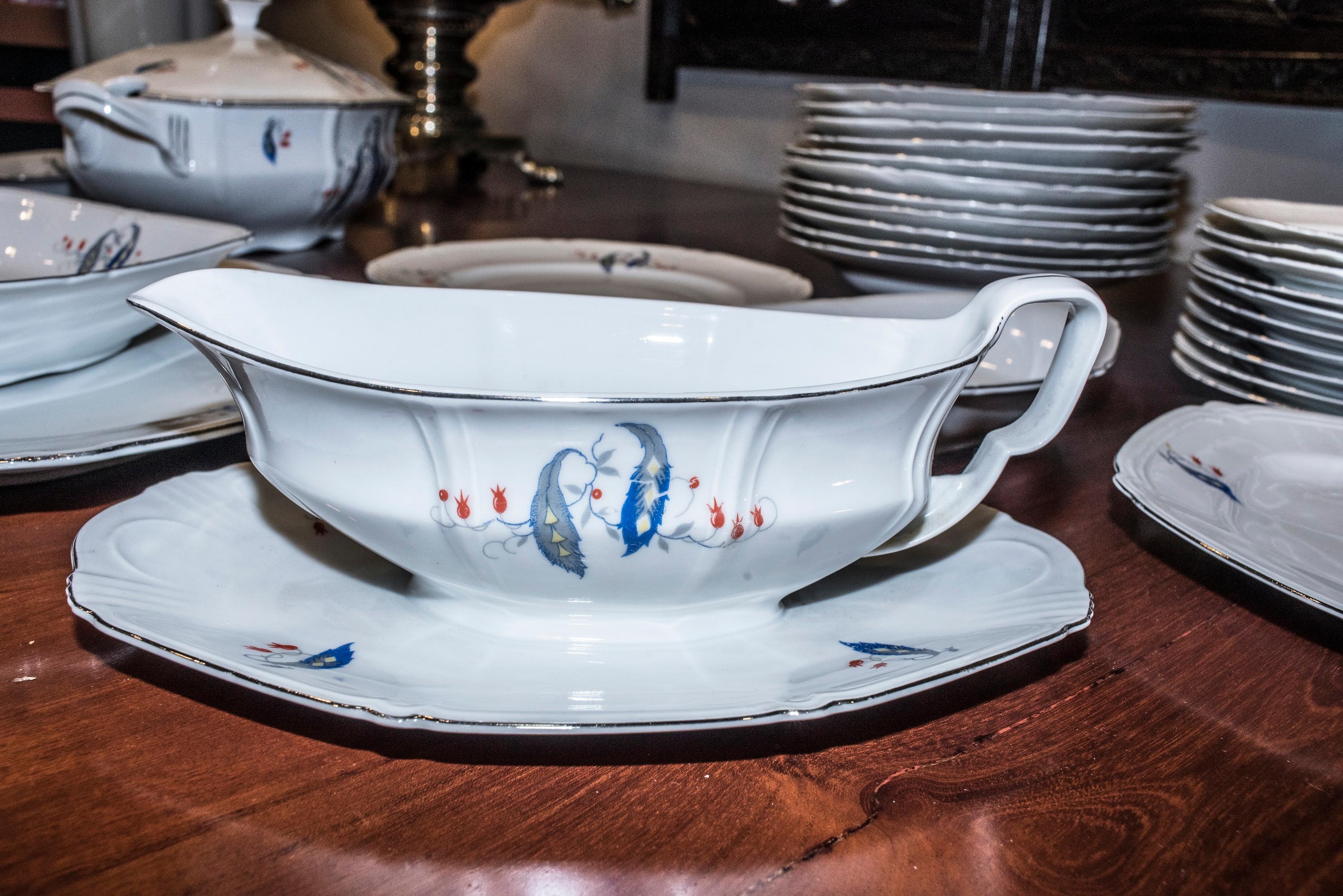 Art Deco Czechaslovakia Blueredjaune Porcelain 52 Pieces Tableware, 1930 9