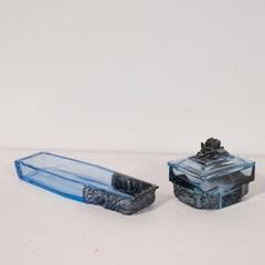 Art Deco Czechoslovakia Translucent Sapphire Glass Vanity Tray and Lidded Box