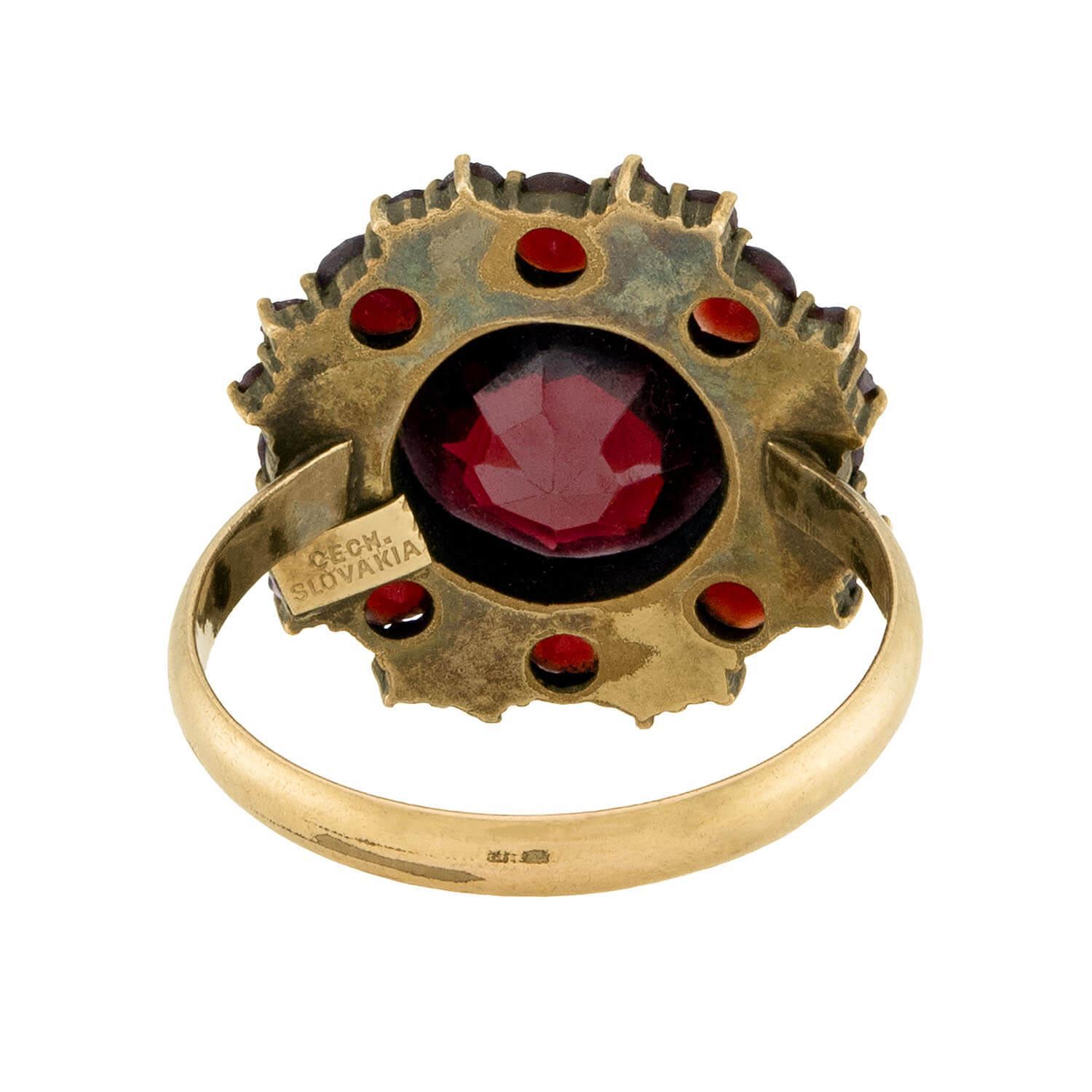 Anello a grappolo con granato cecoslovacco 14k Art Deco In condizioni buone in vendita a Narberth, PA