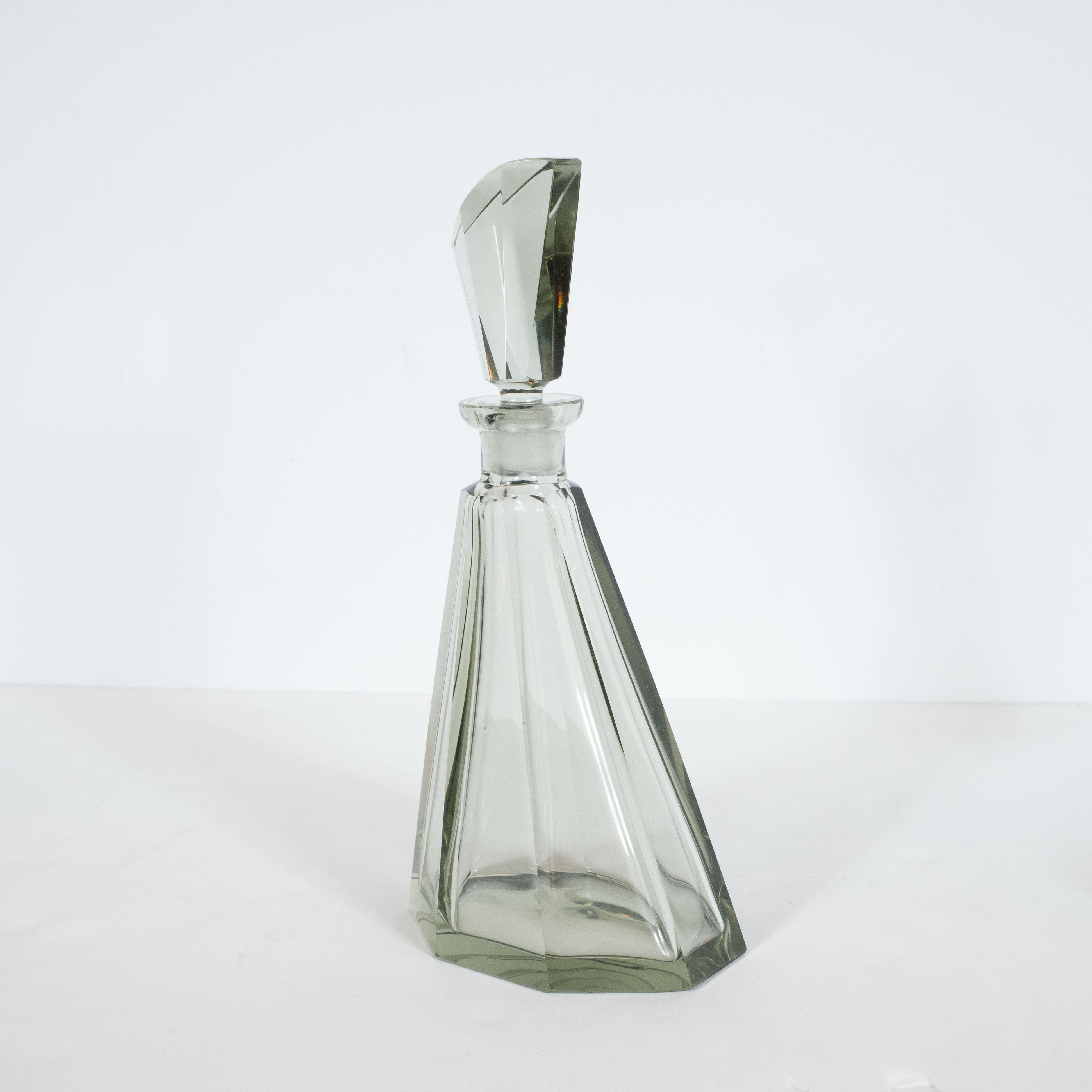 Blown Glass Art Deco Czechoslovakian 5-Piece Faceted Decanter Set in Hand Blown Smoked Glass