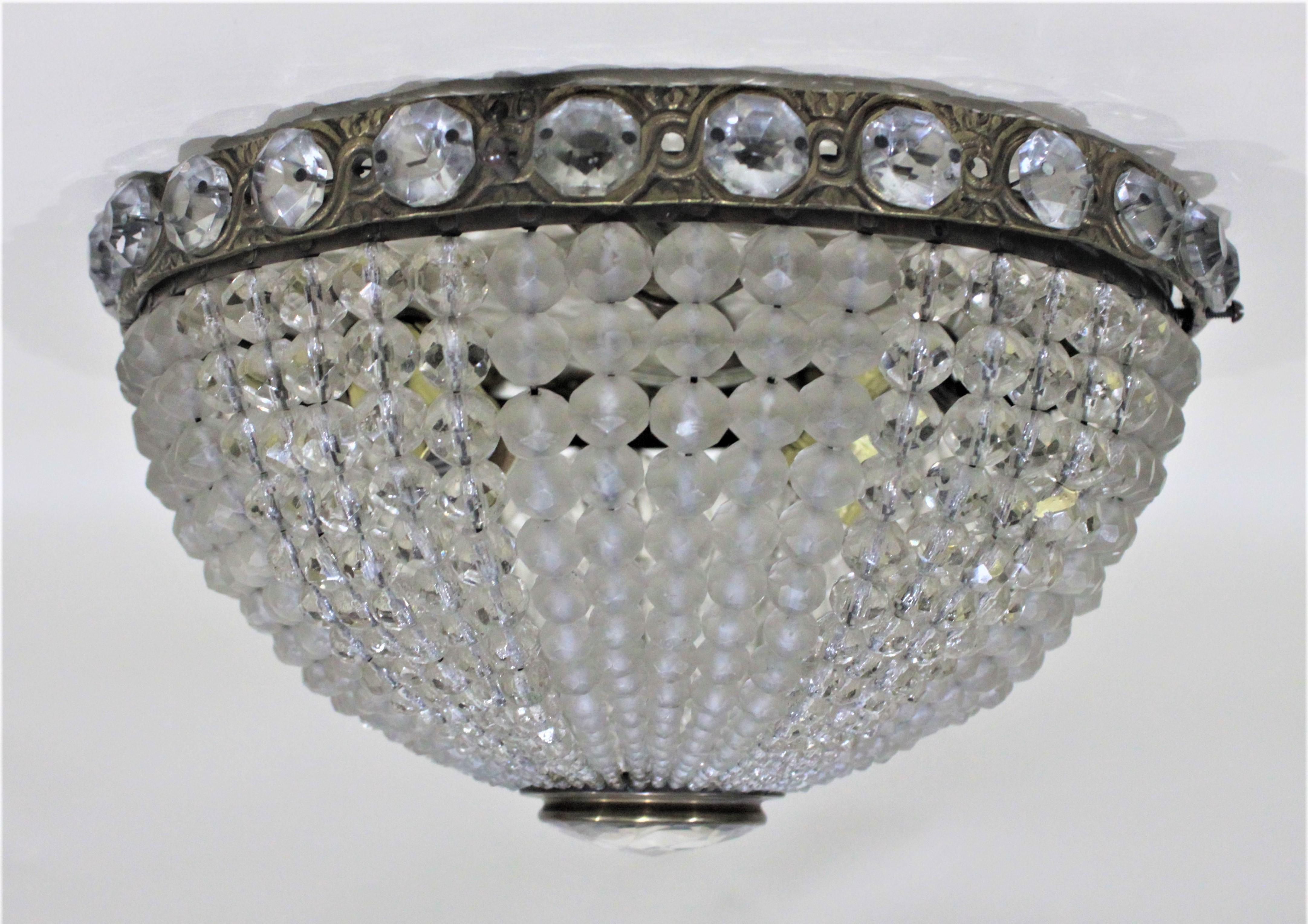 Art Deco Czechoslovakian Beaded Crystal Flush Mount Ceiling Light Fixture In Good Condition In Hamilton, Ontario