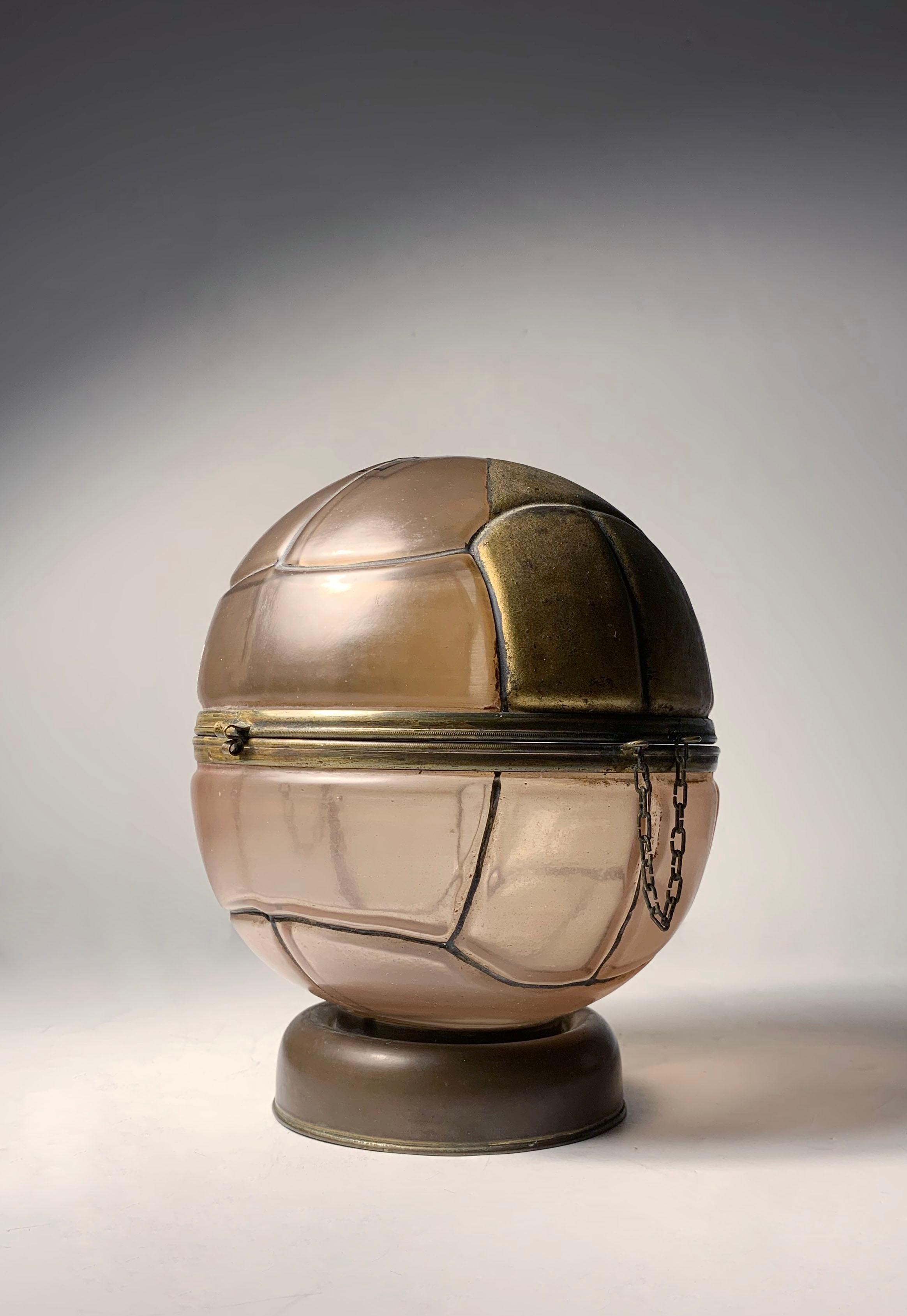 Art Deco Czechoslovakian Glass Soccer Ball Lidded Bar Liquor  In Good Condition For Sale In Chicago, IL