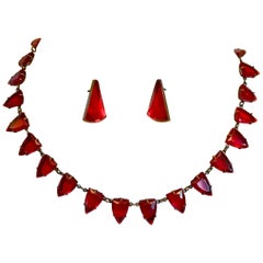 Art Deco Czechoslovakian Red Faceted Glass Necklace and Earring Set 