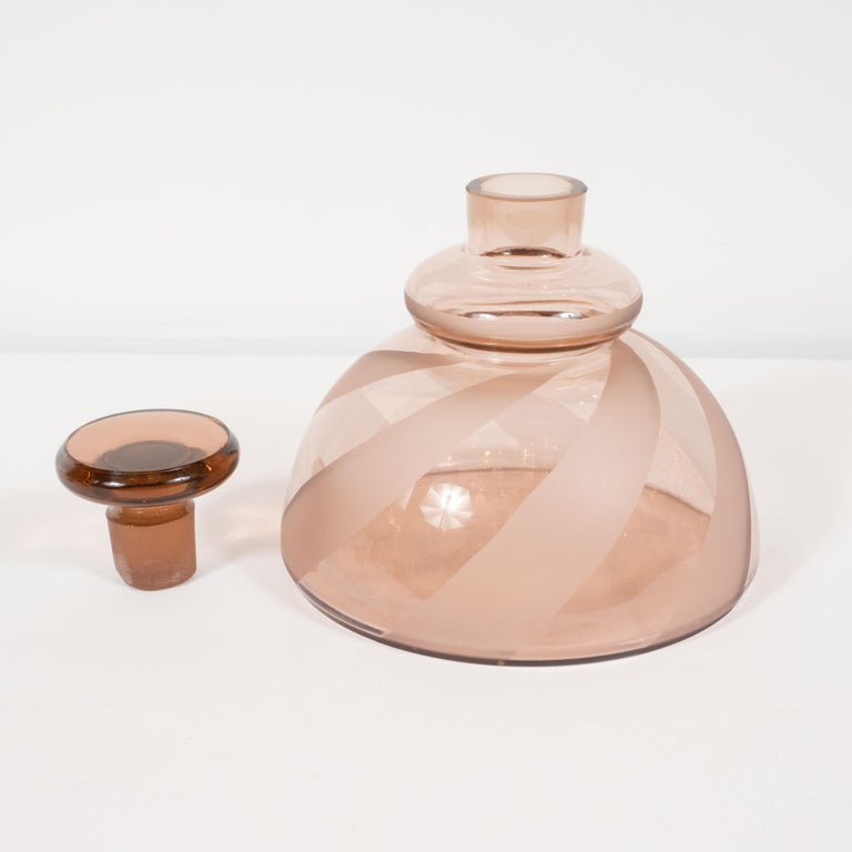 Mid-20th Century Art Deco Czechoslovakian Striated Smoked Rose Glass Decanter Set For Sale
