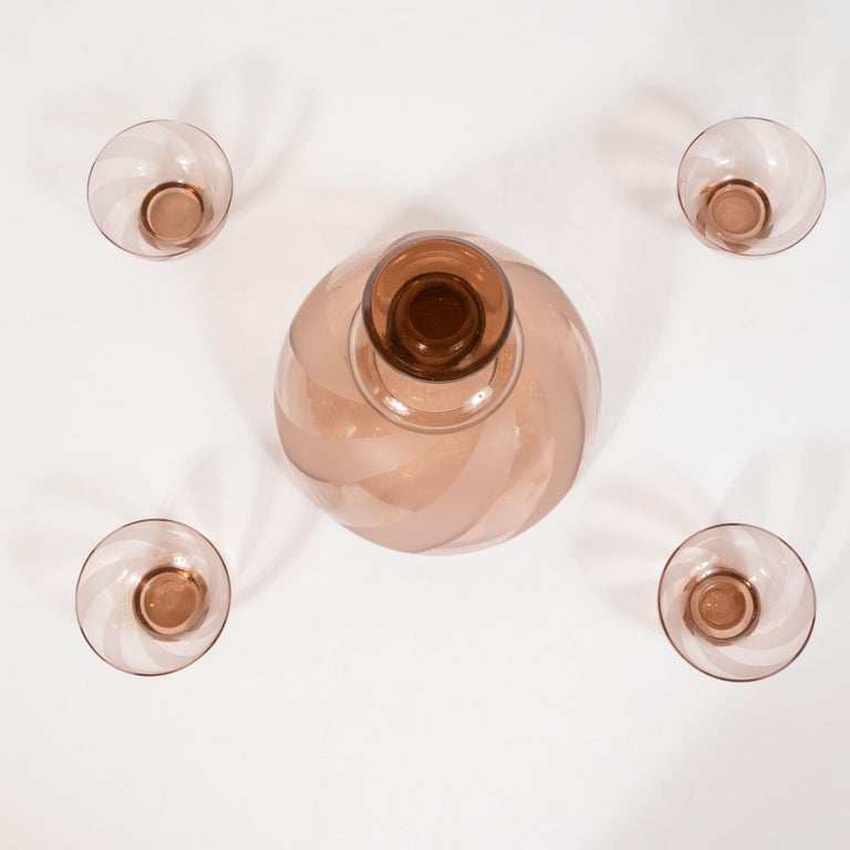 Art Deco Czechoslovakian Striated Smoked Rose Glass Decanter Set For Sale 1