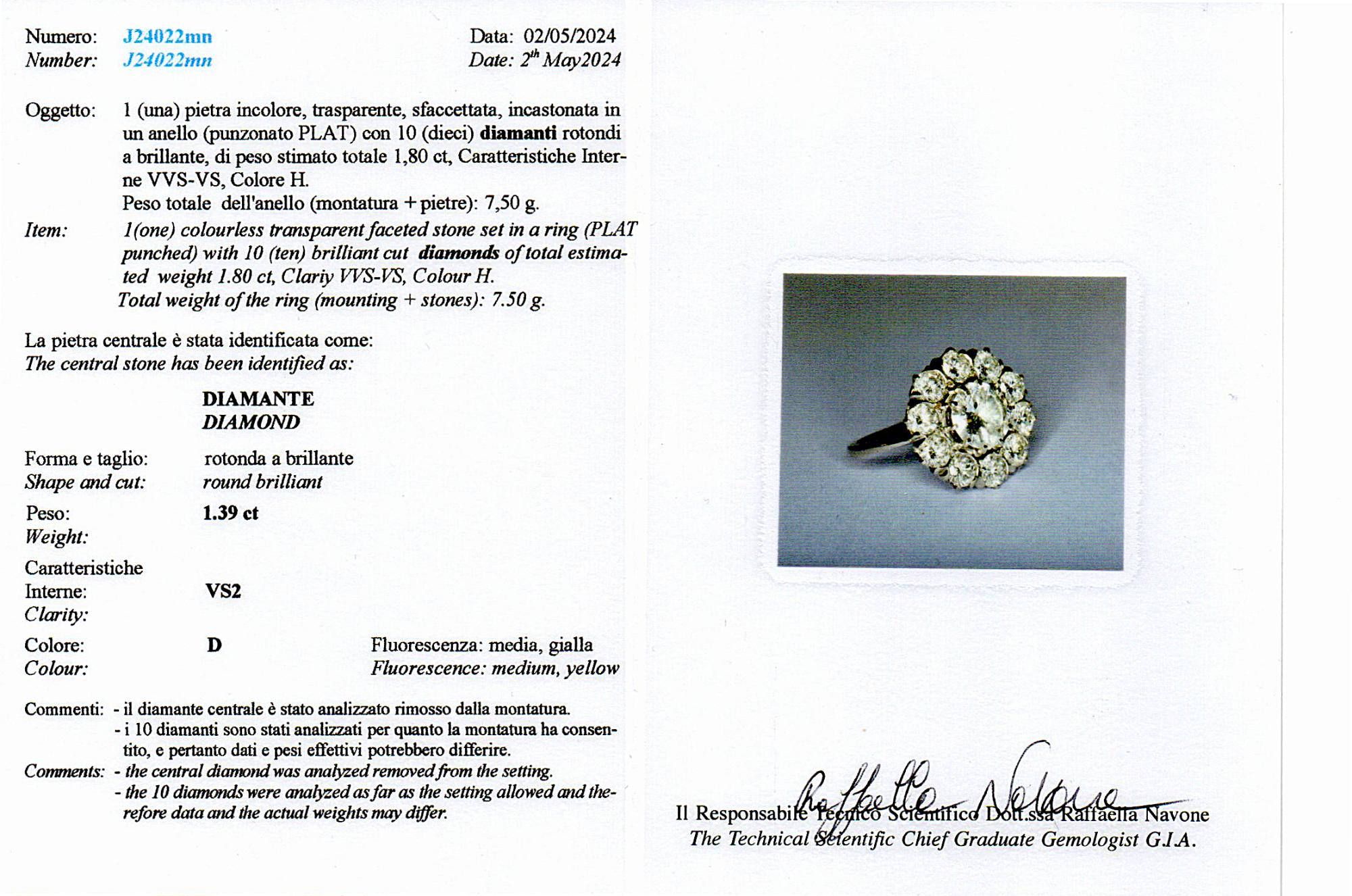D.D Art. Anello a grappolo con diamanti certificati D VS2 in platino in vendita 7