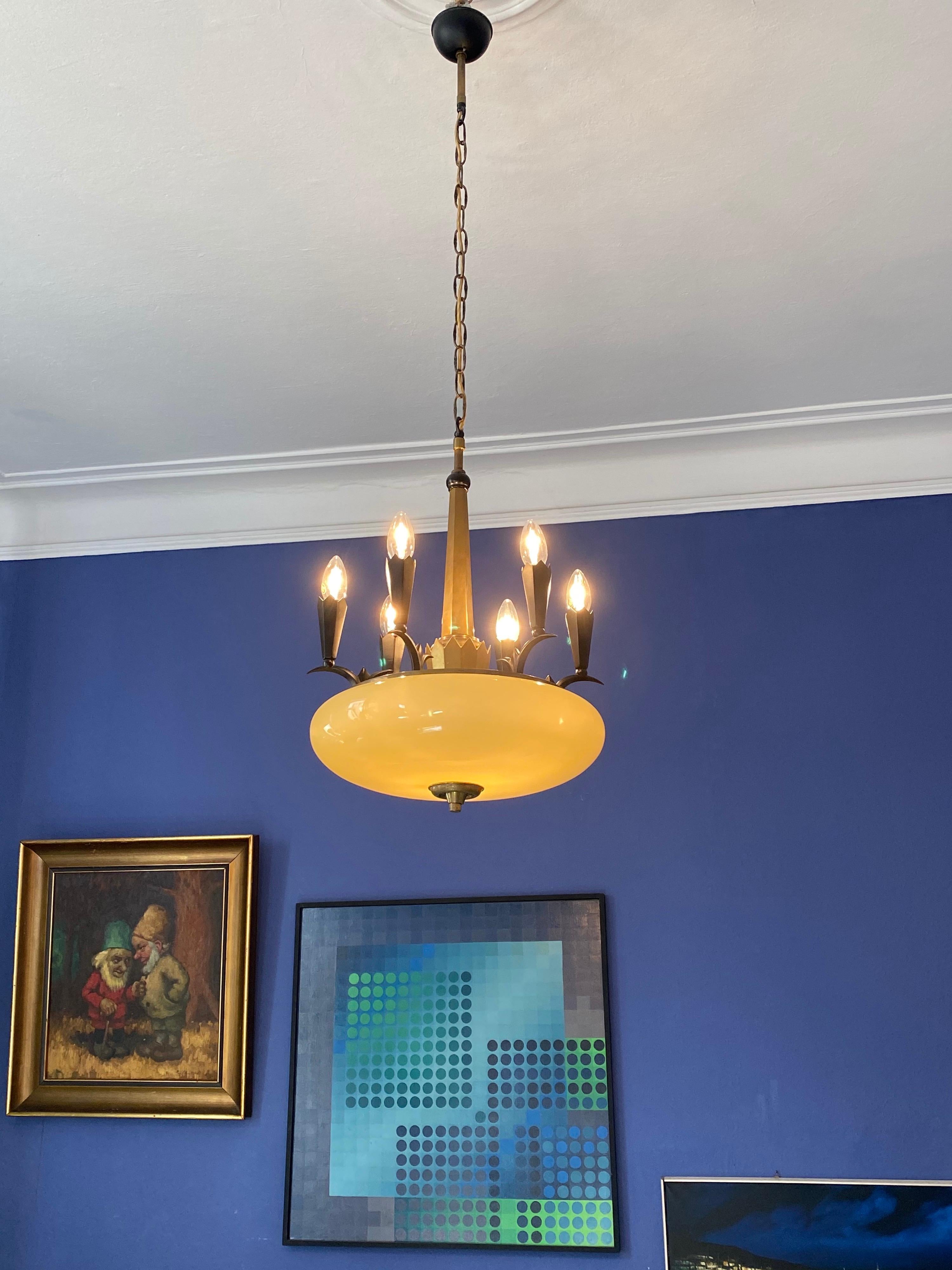 Art Deco Dagobert Peche Chandelier, Vienna Secession, in Brass and Glas, 1920s For Sale 13