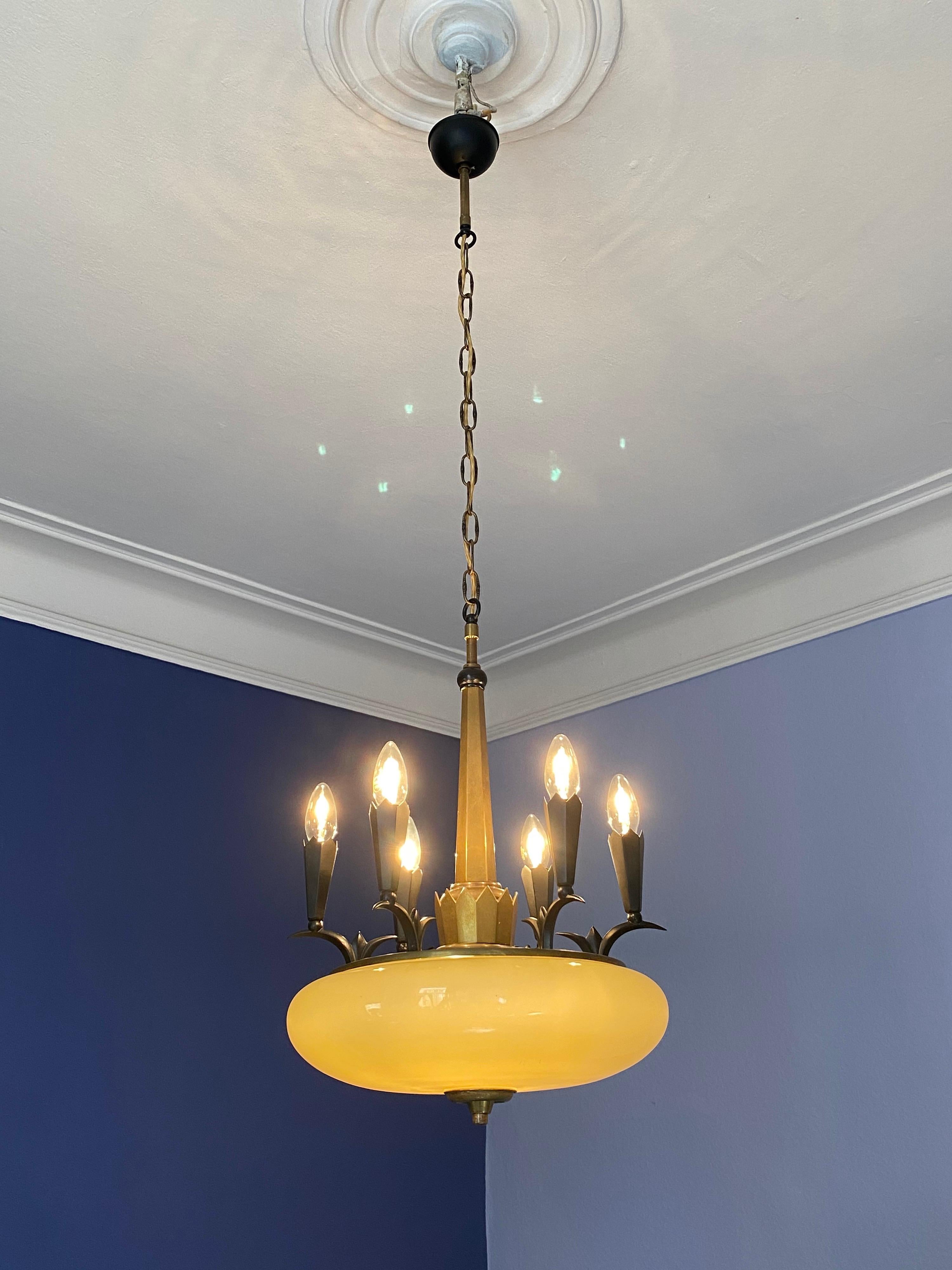 Cold-Painted Art Deco Dagobert Peche Chandelier, Vienna Secession, in Brass and Glas, 1920s For Sale