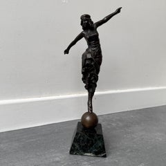 Art Deco Dancer Sculpture, 1930s, Chocolate Patina, Black Marble Base