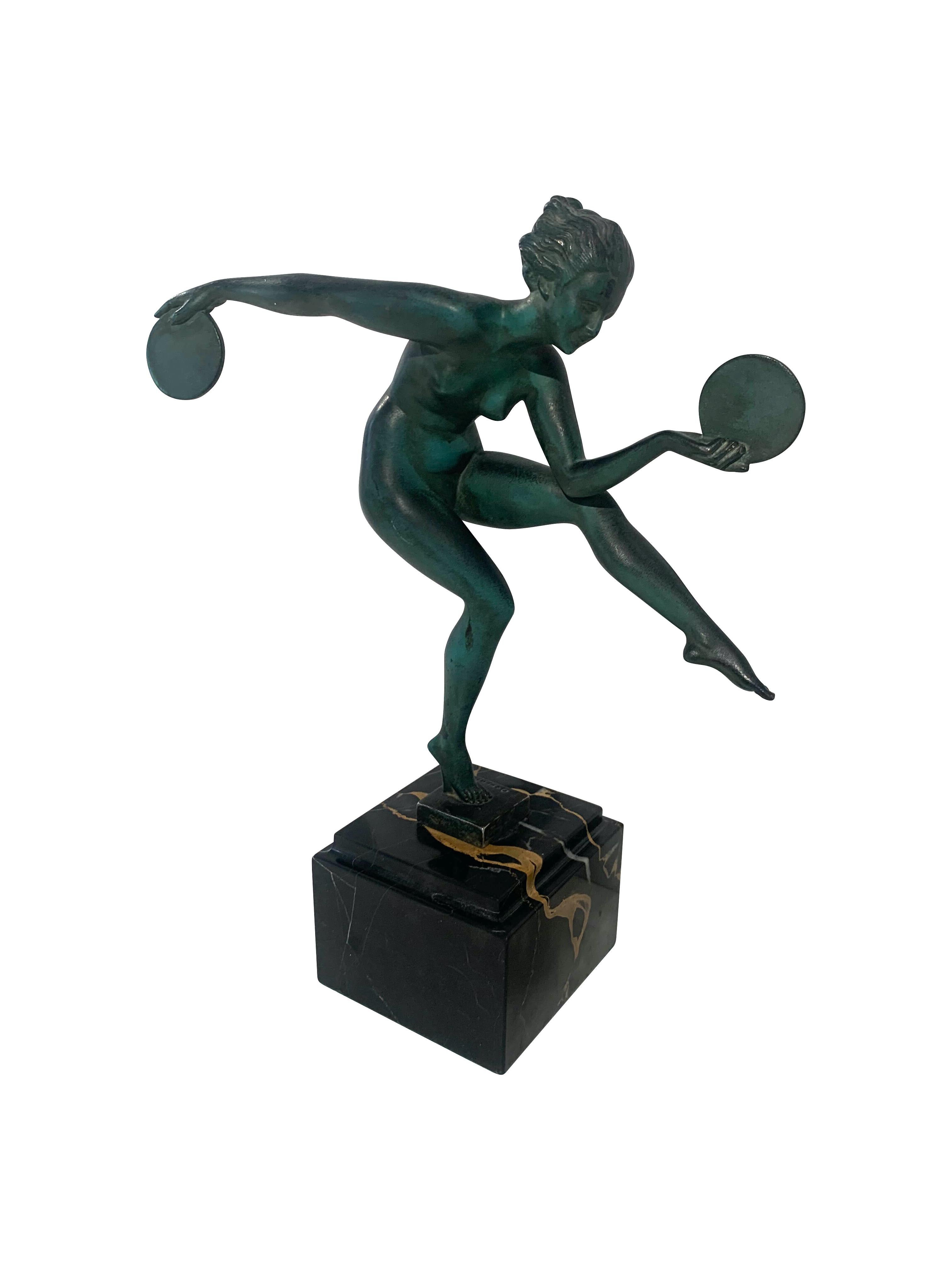 French Art Deco Dancer Sculpture by Max Le Verrier, Signed Derenne, France circa 1930