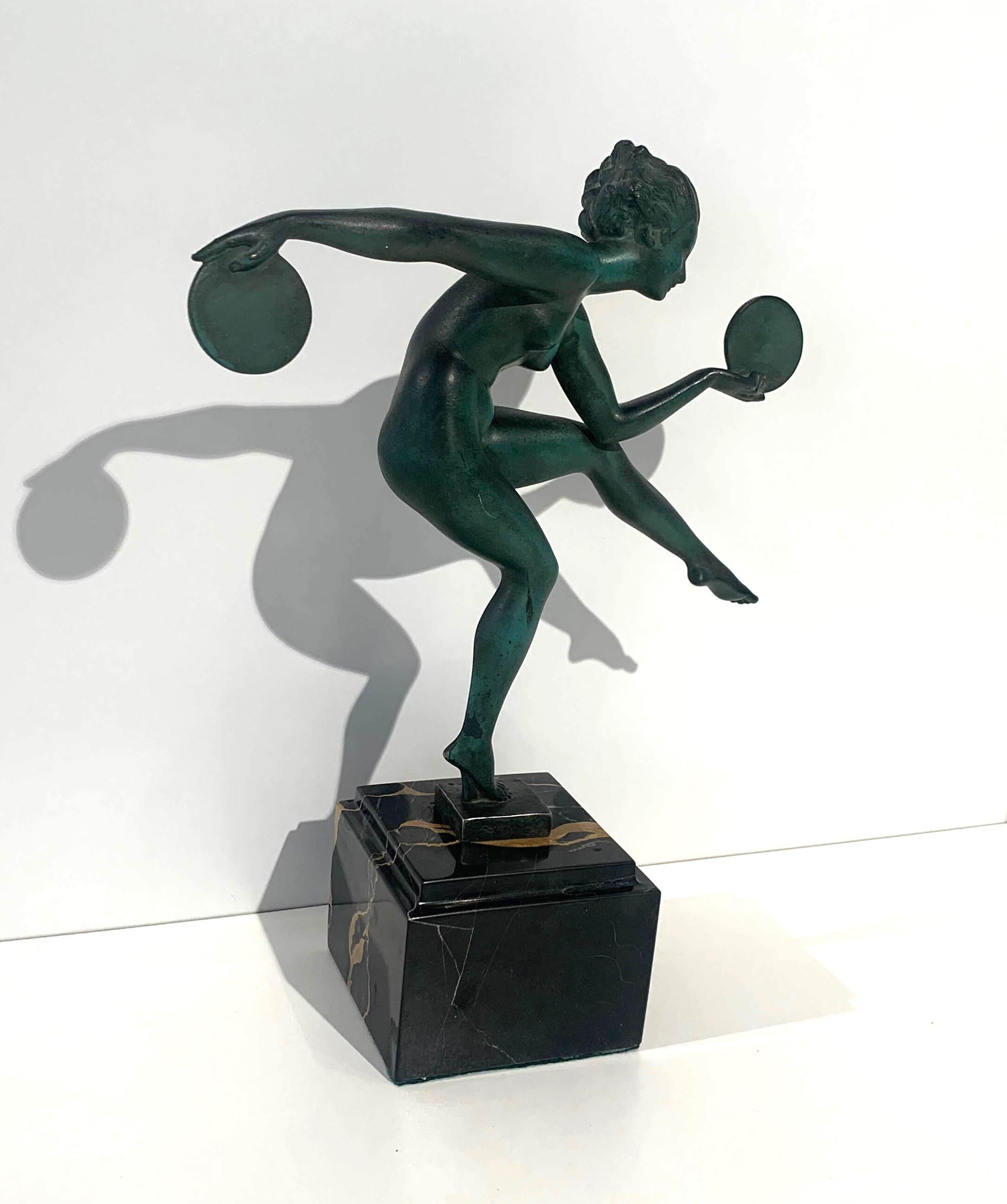 Mid-20th Century Art Deco Dancer Sculpture by Max Le Verrier, Signed Derenne, France circa 1930